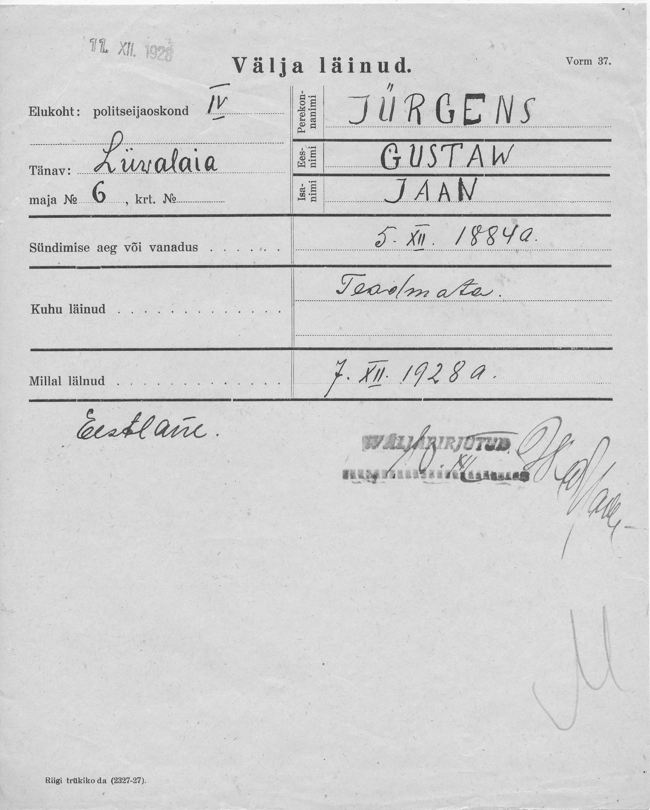 Jürgens, Gustaw, Jaan