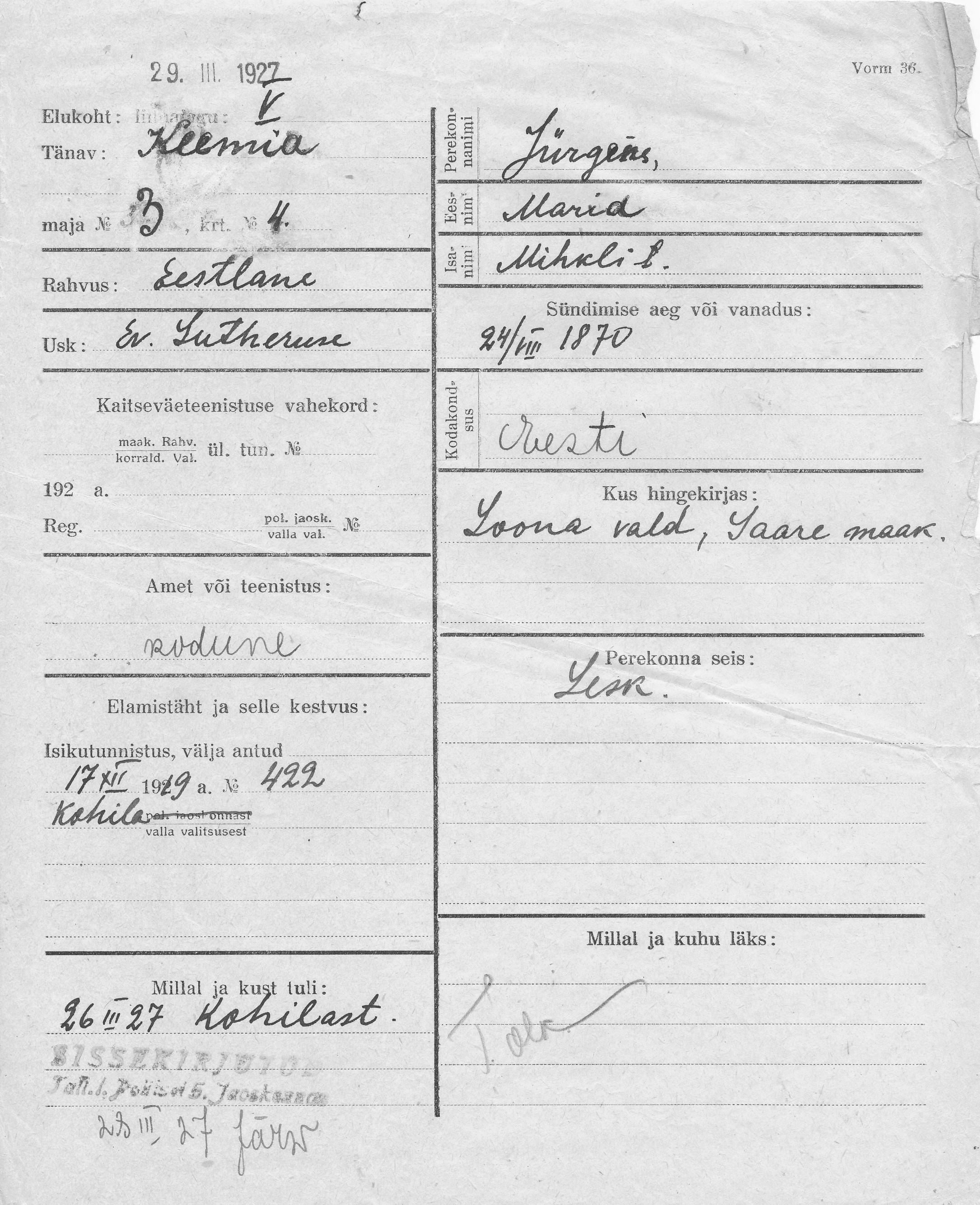 Jürgens, Maria, Mihkel