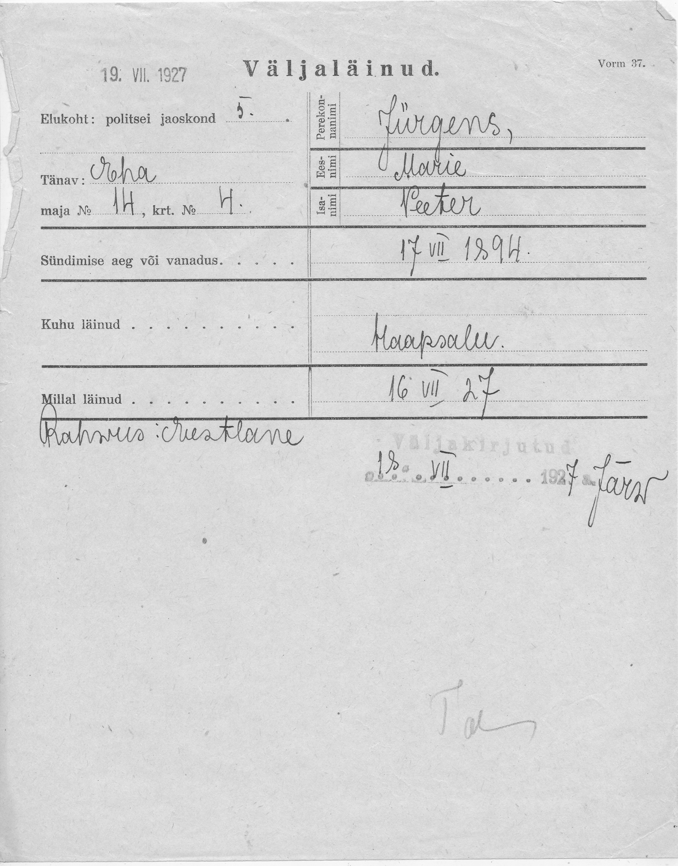 Jürgens, Marie, Peeter