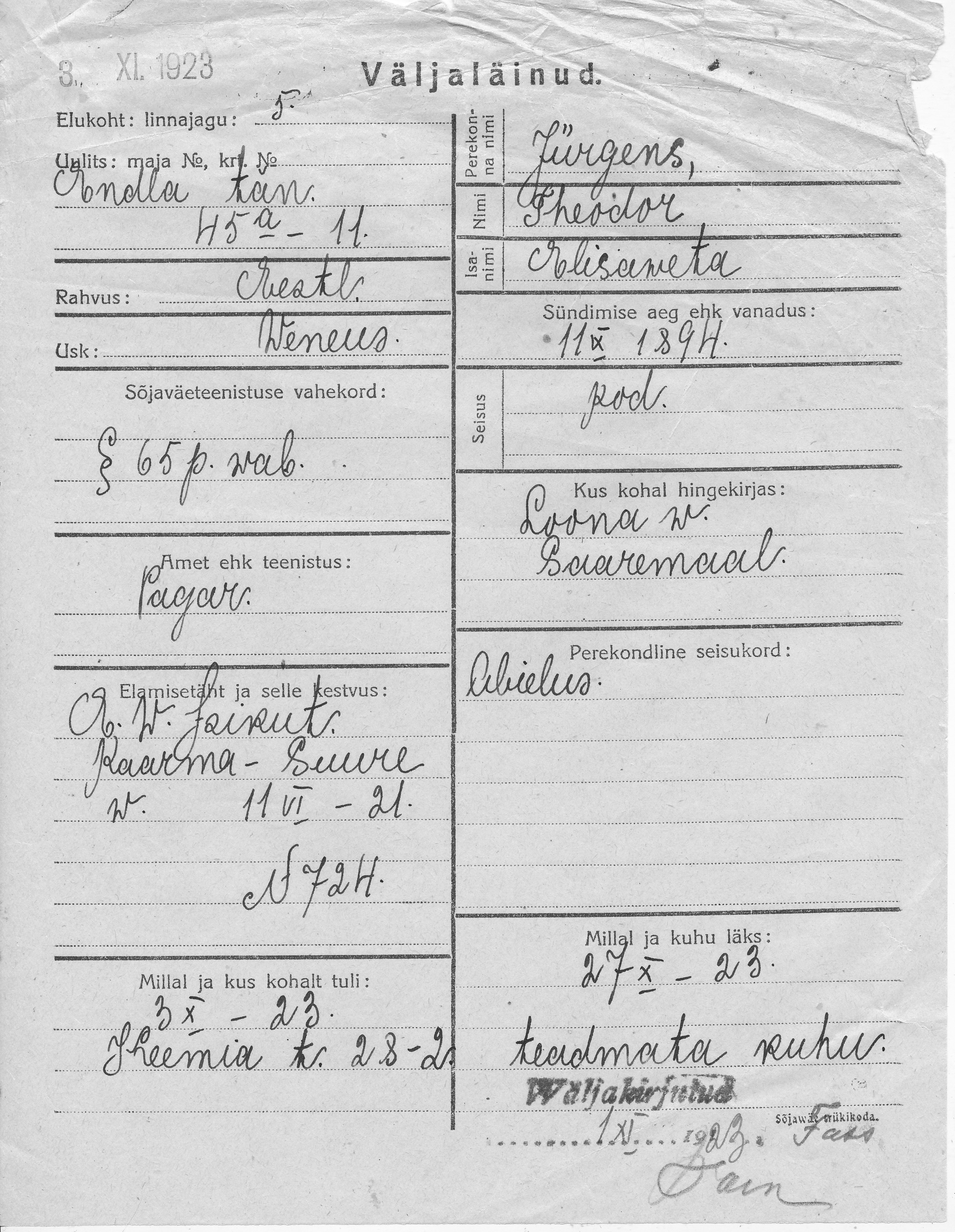 Jürgens, Theodor, Elisaweta