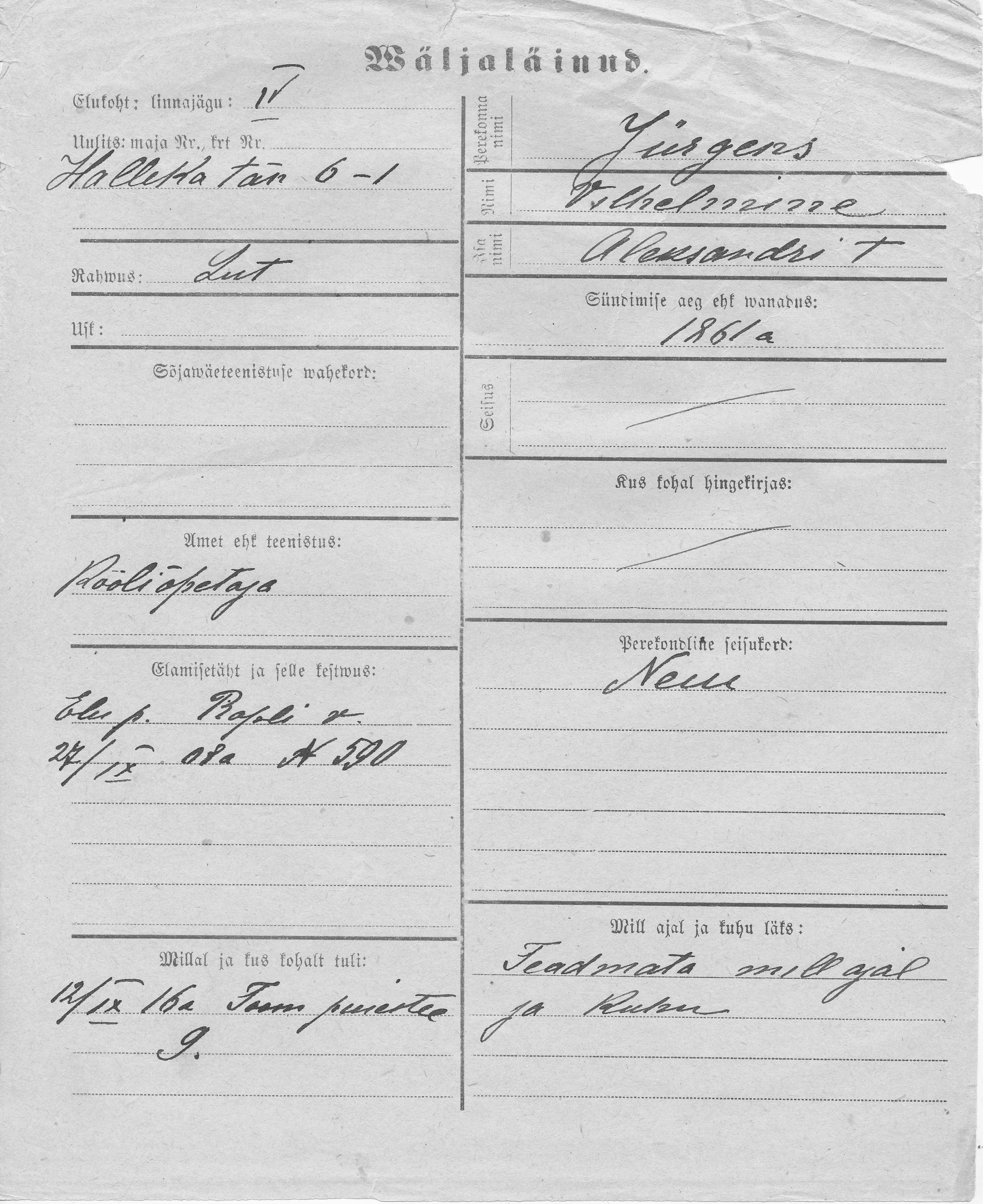 Jürgens, Vilhelmine, Aleksander