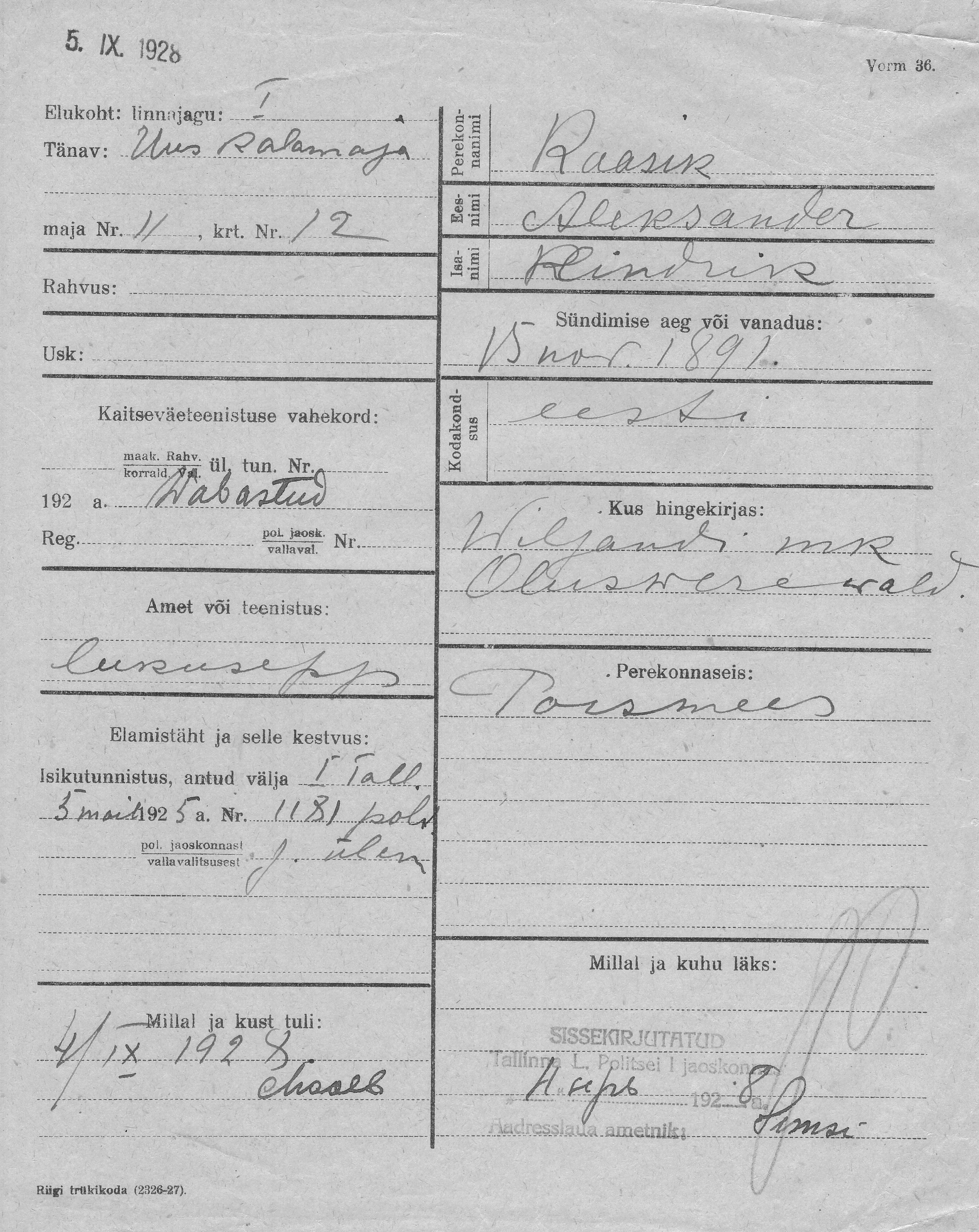 Kaasik, Aleksander, Hindrik