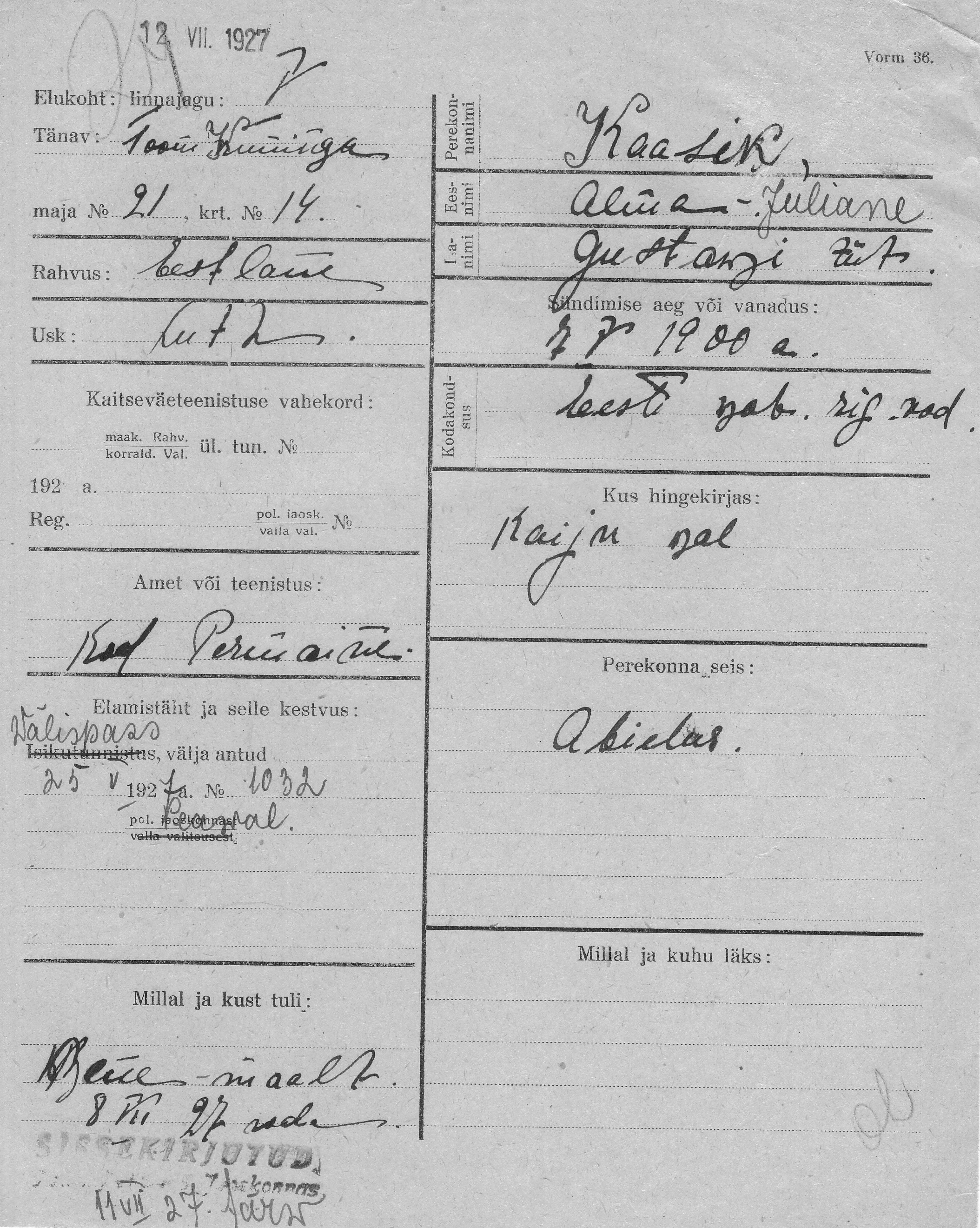 Kaasik, Alma-Juliane, Gustaw