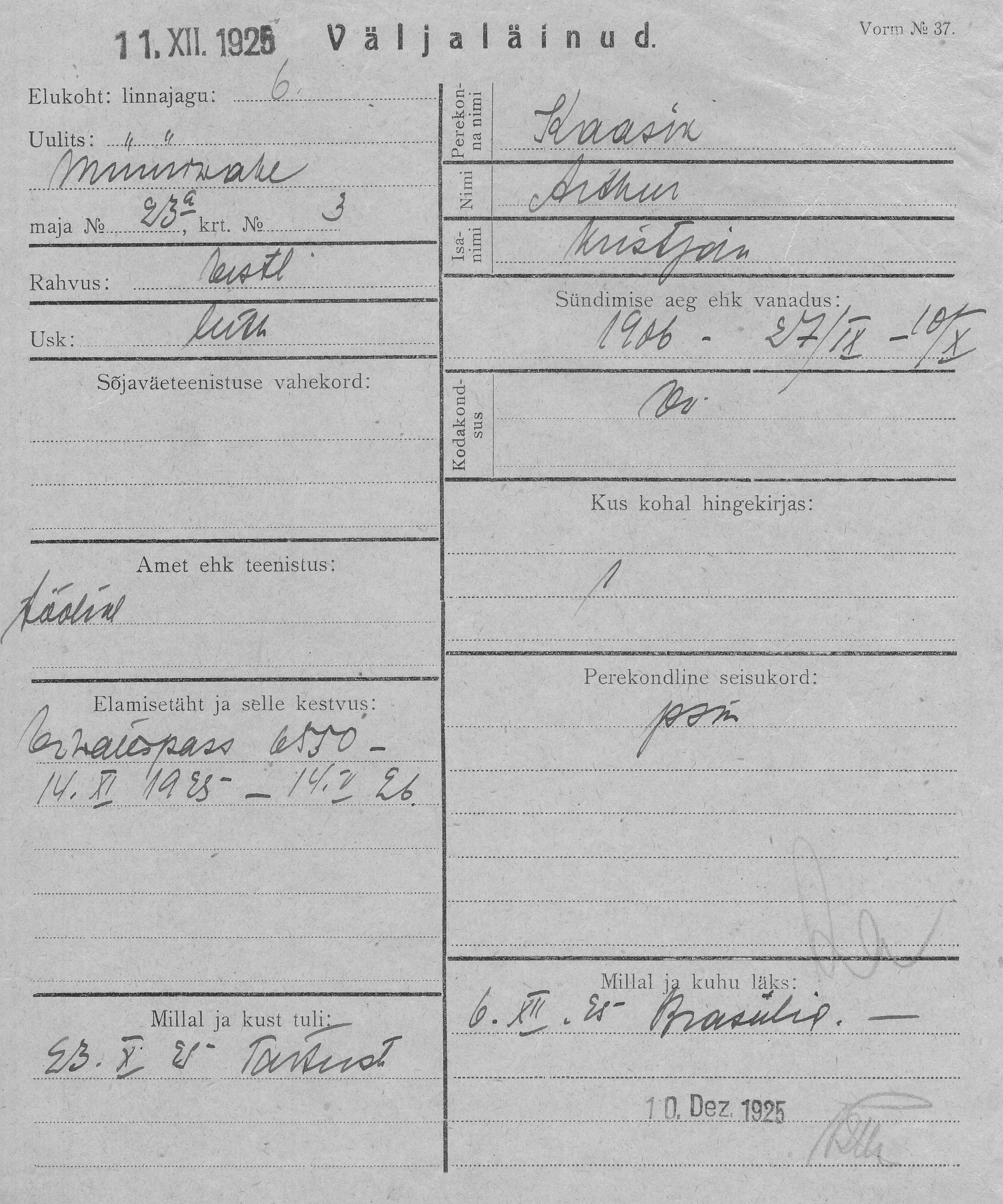 Kaasik, Arthur, Kristjan