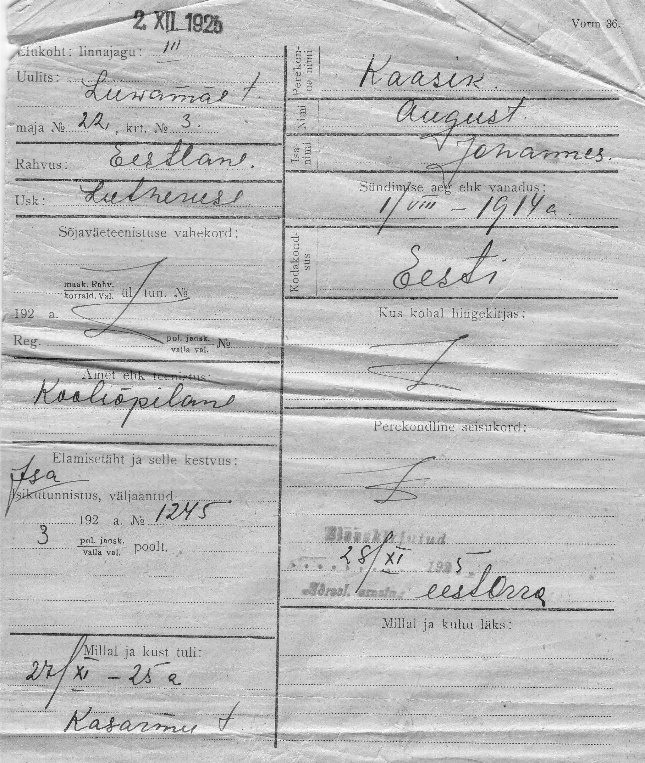 Kaasik, August, Johannes