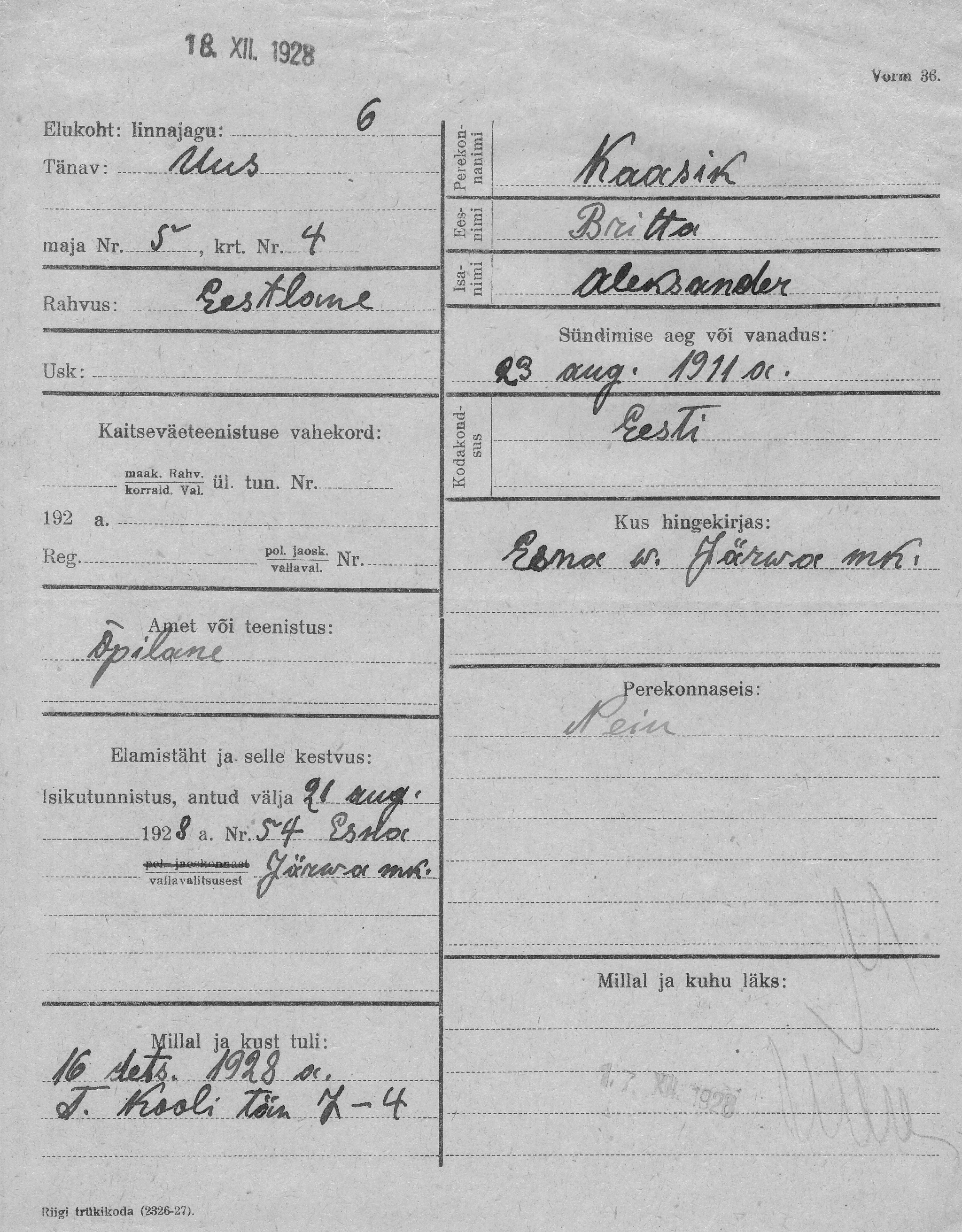 Kaasik, Britta, Aleksander