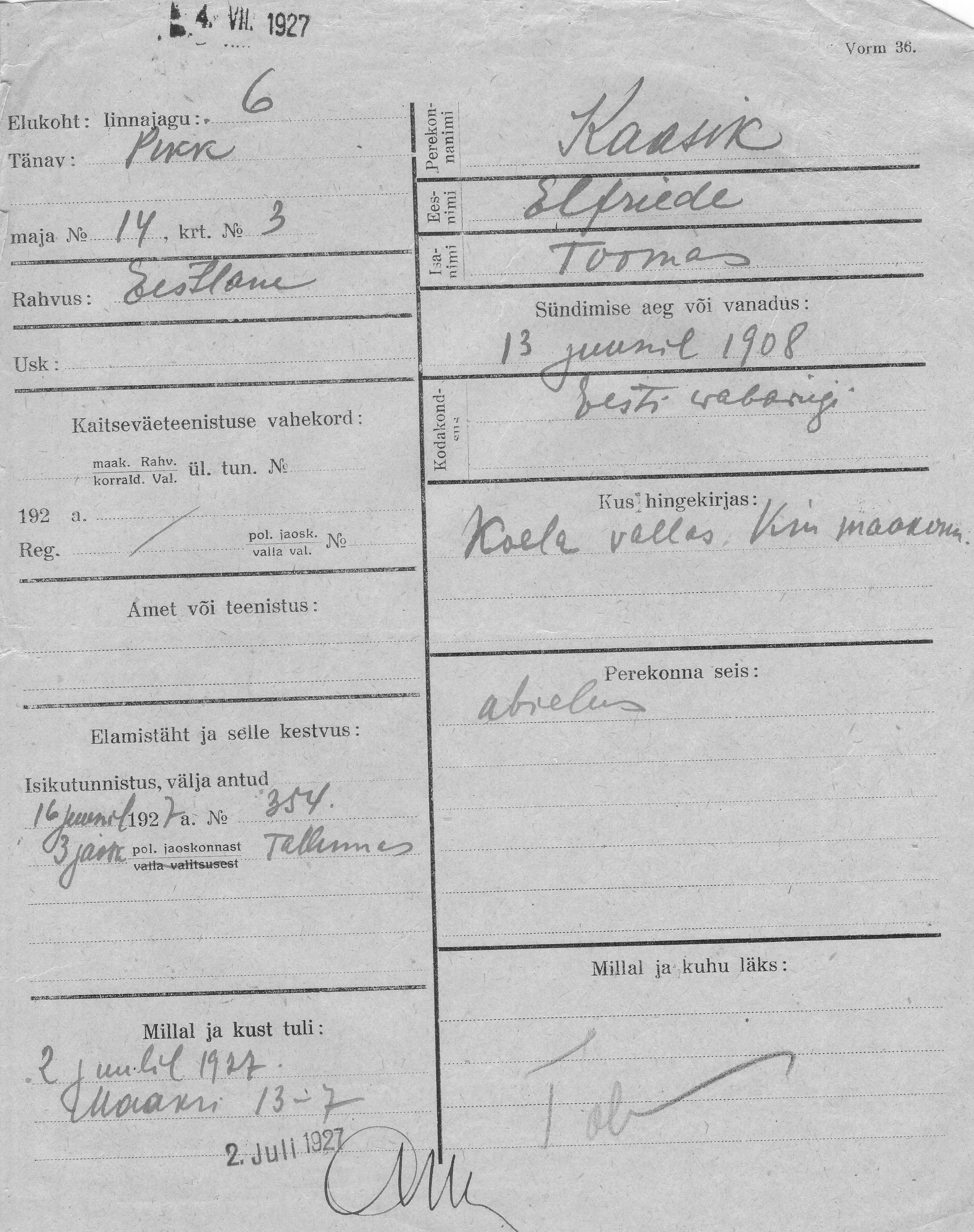 Kaasik, Elfriede, Toomas