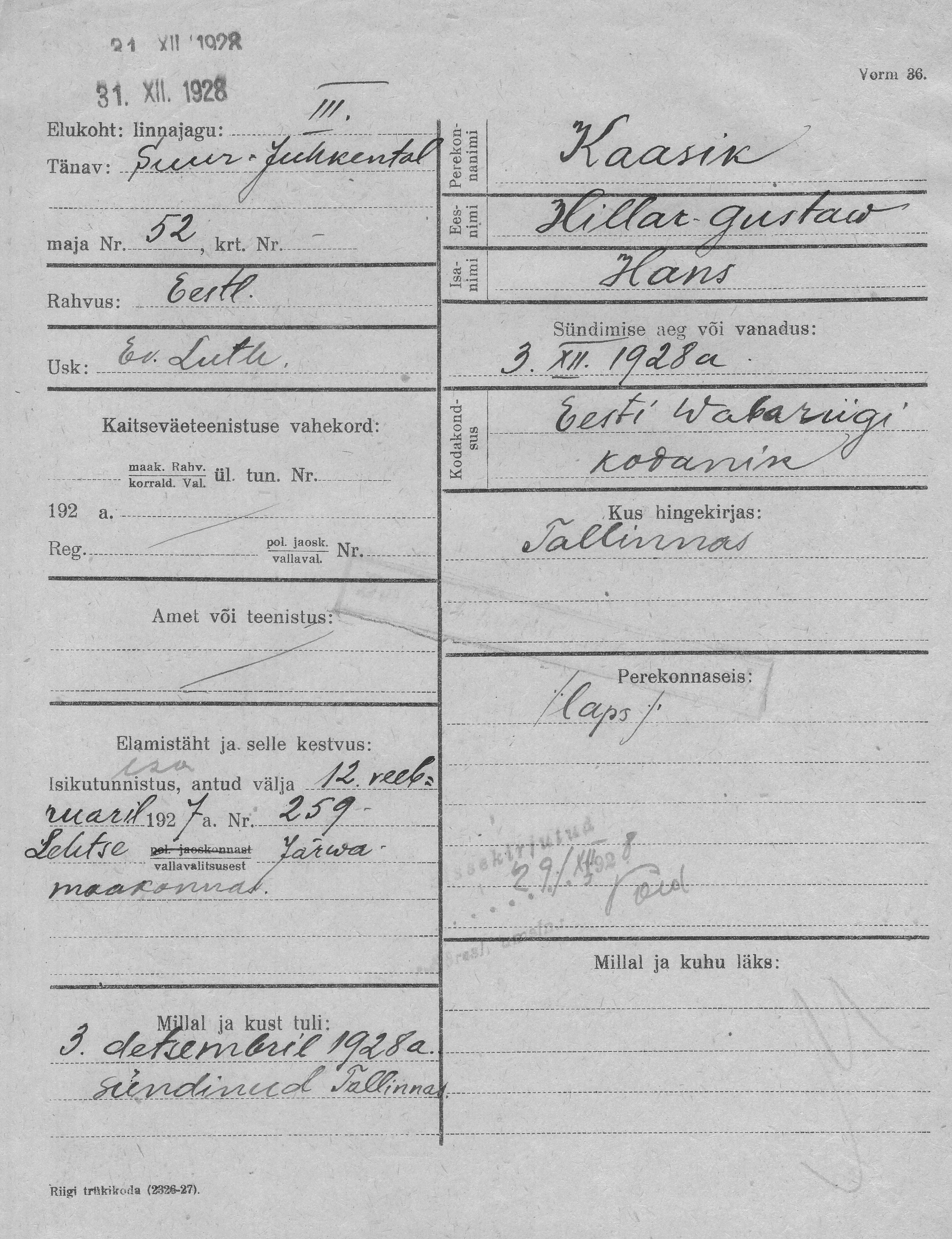 Kaasik, Hillar-Gustaw, Hans