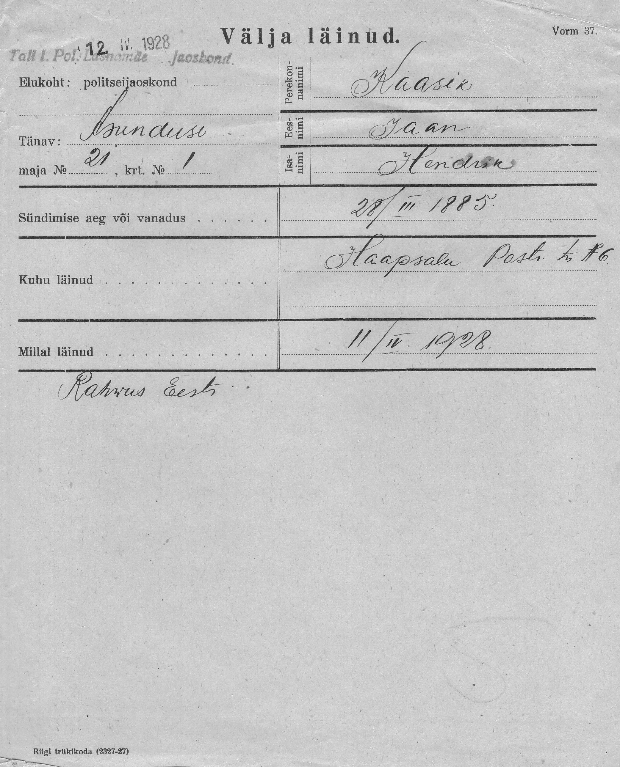 Kaasik, Jaan, Hendrik