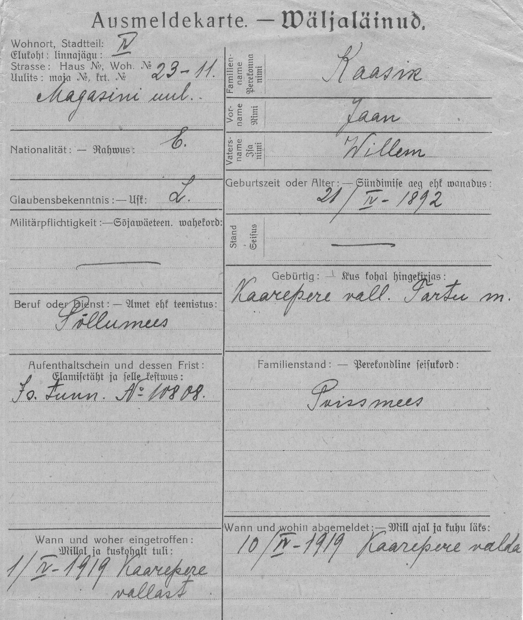 Kaasik, Jaan, Willem