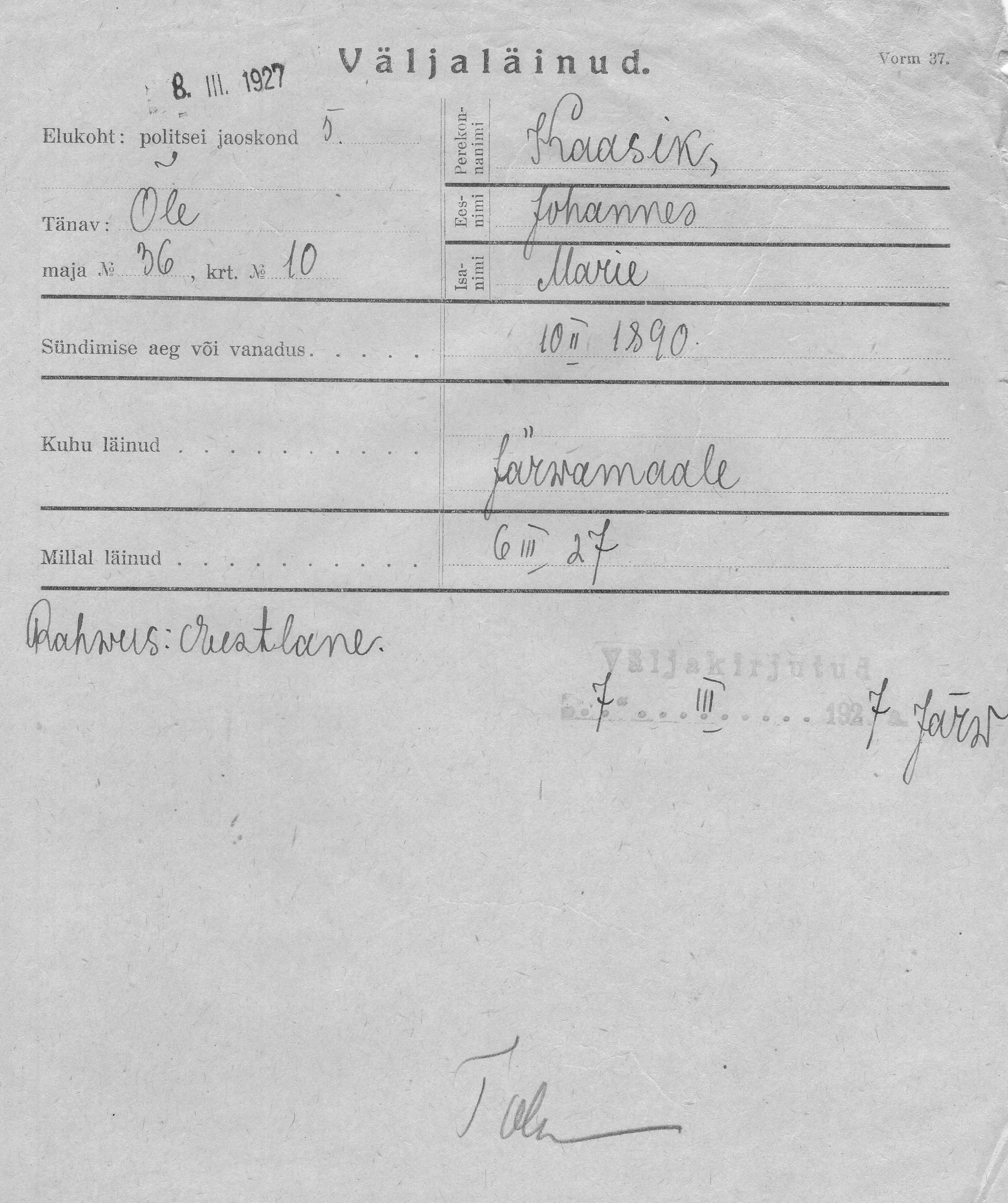 Kaasik, Johannes, Marie