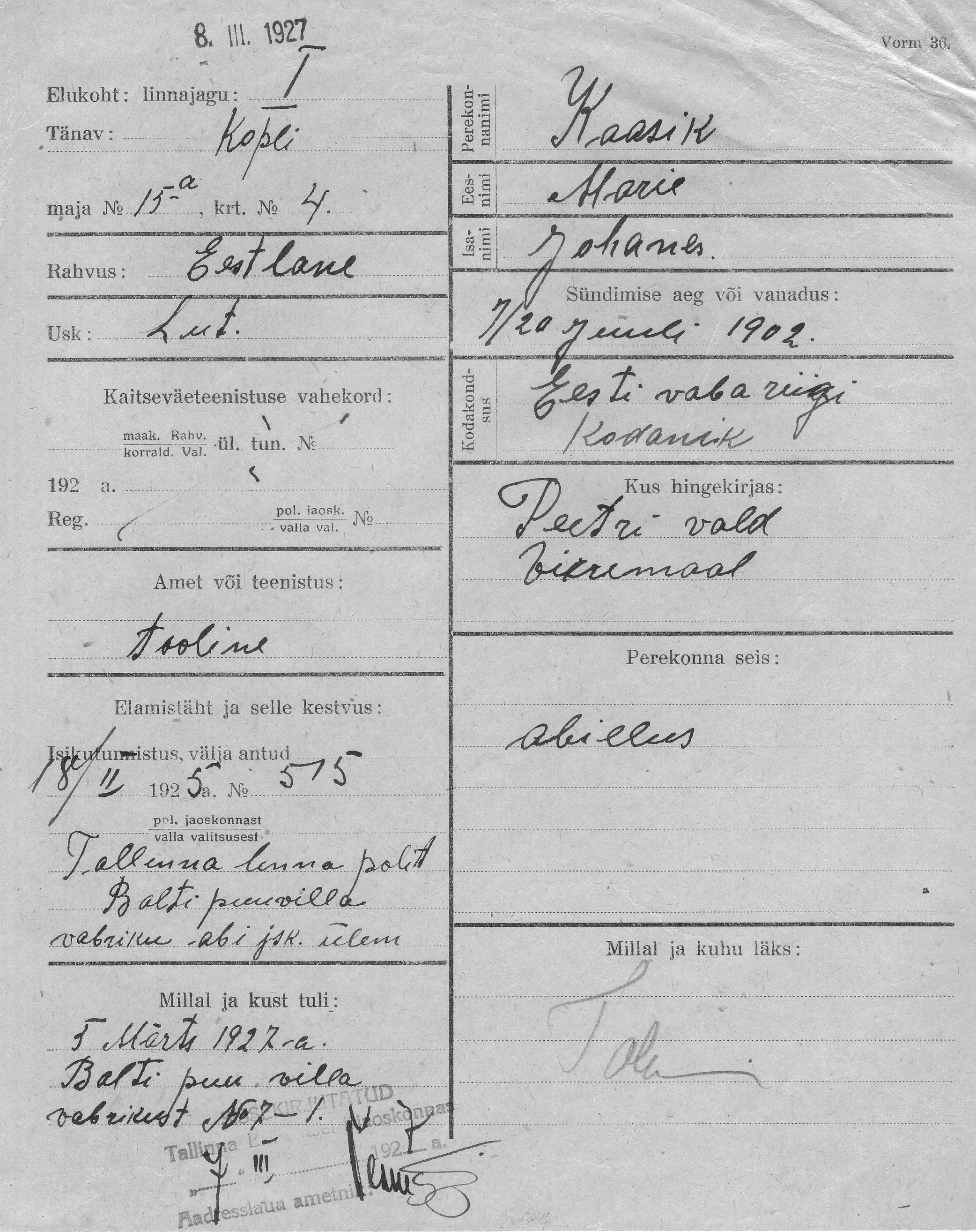 Kaasik, Marie, Johanes