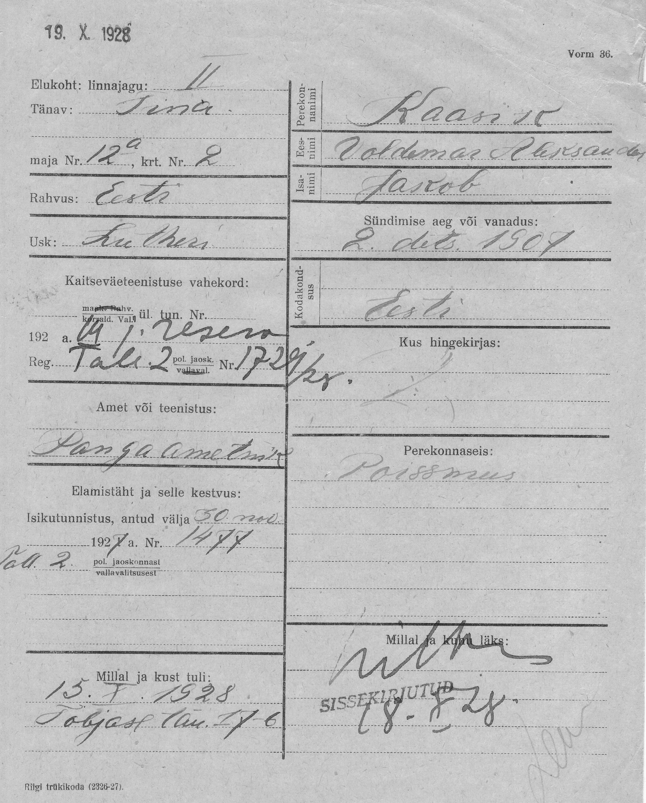 Kaasik, Voldemar Aleksander, Jakob