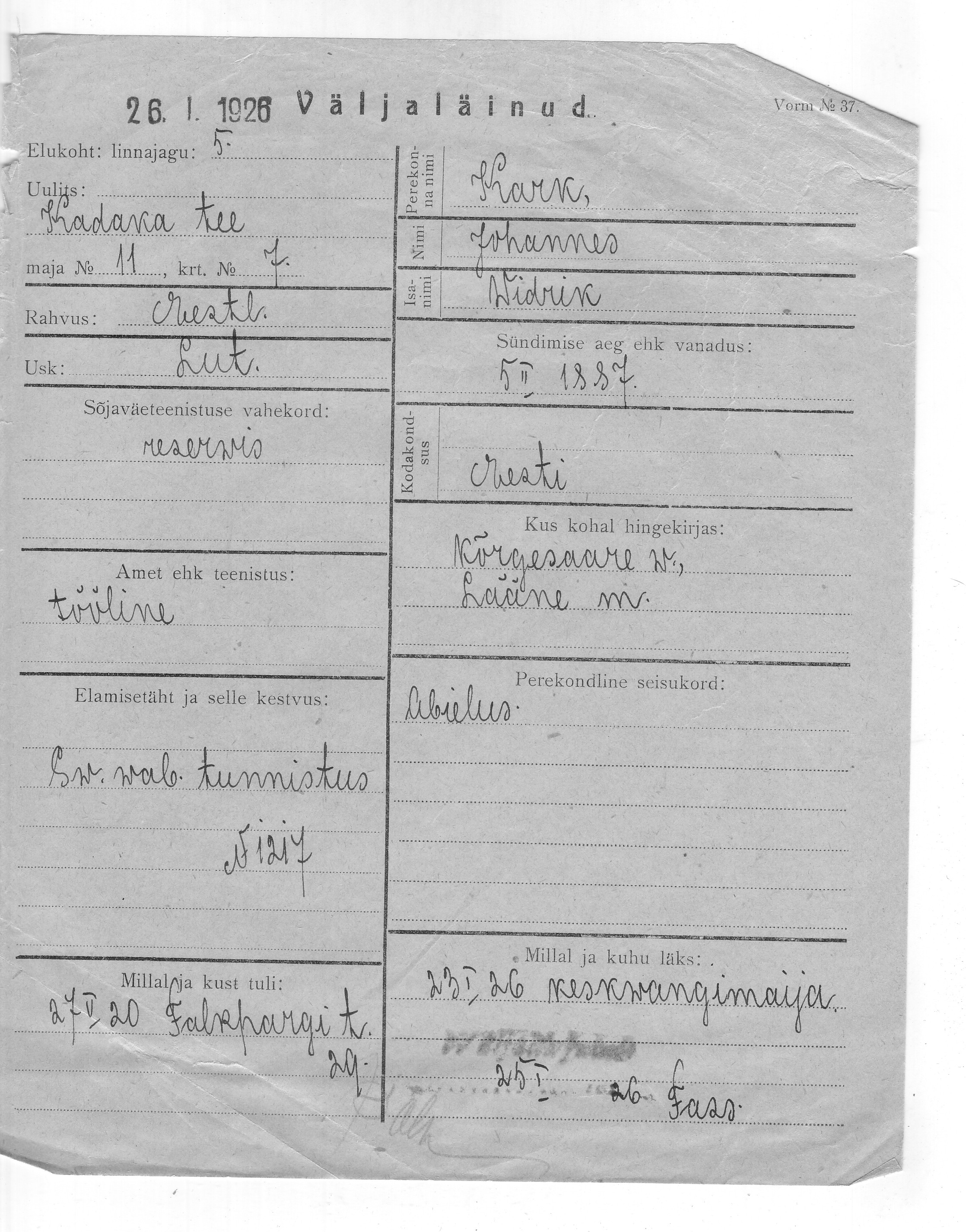 Kark, Johannes, Widrik