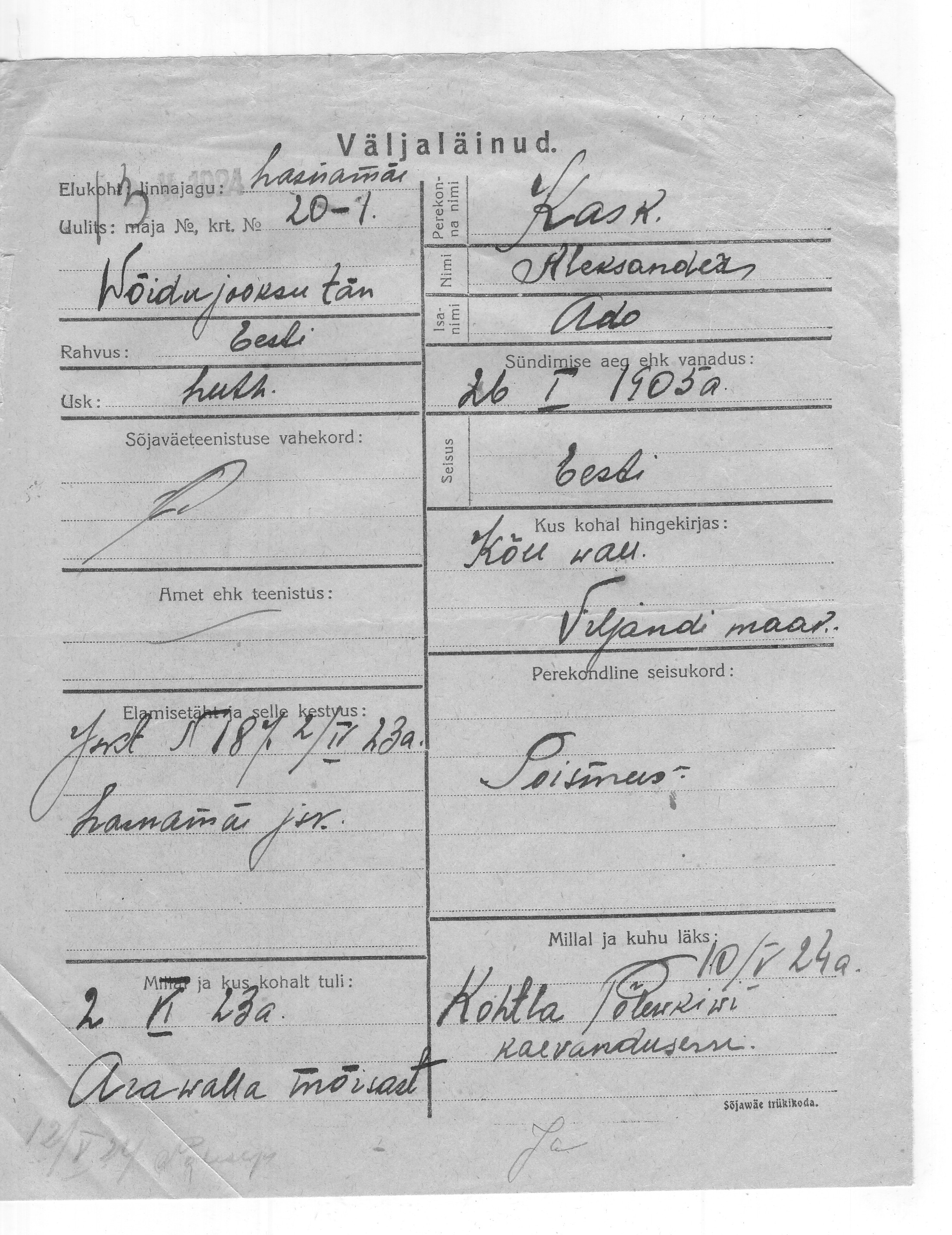 Kask, Aleksander, Ado