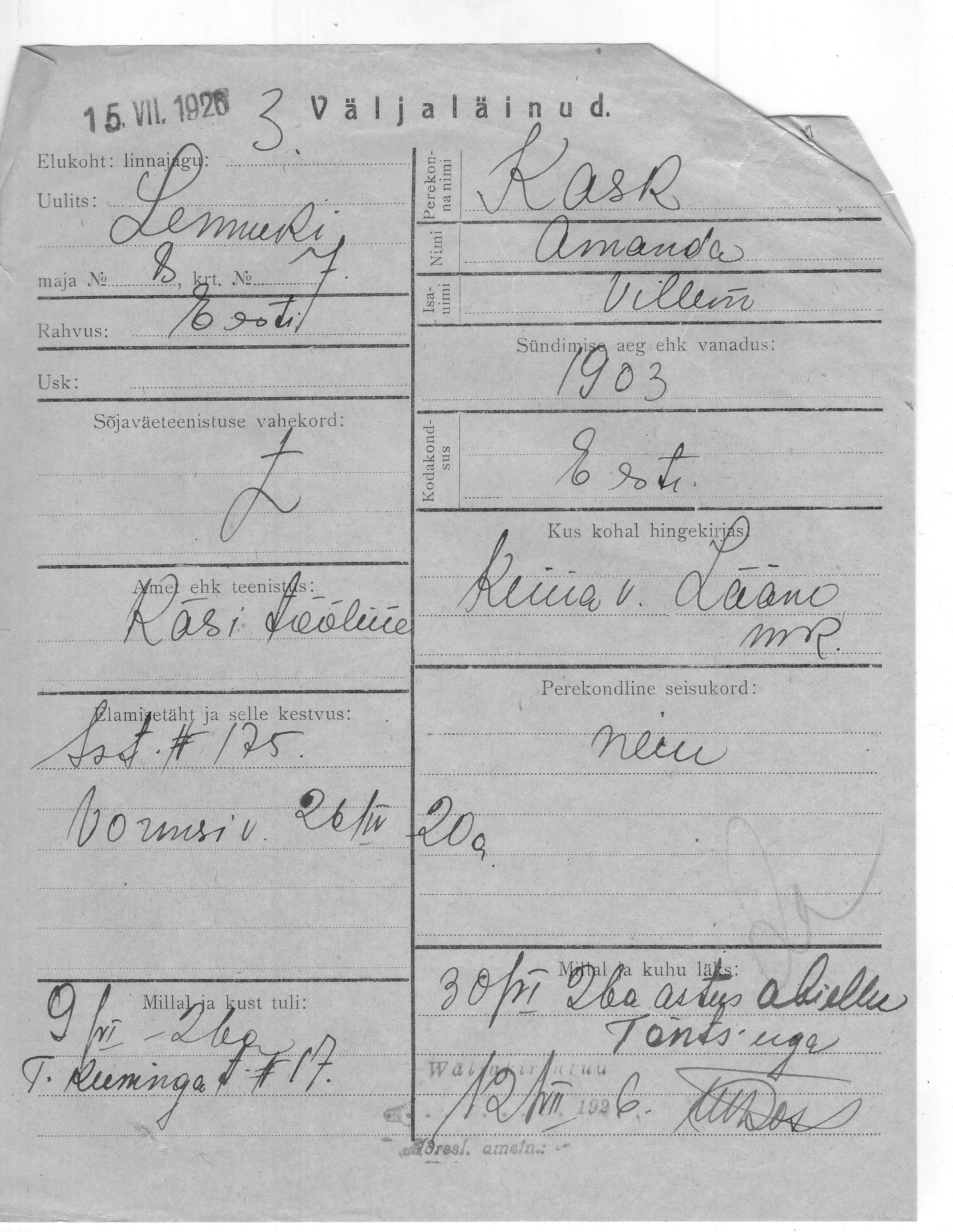 Kask, Amanda, Villem