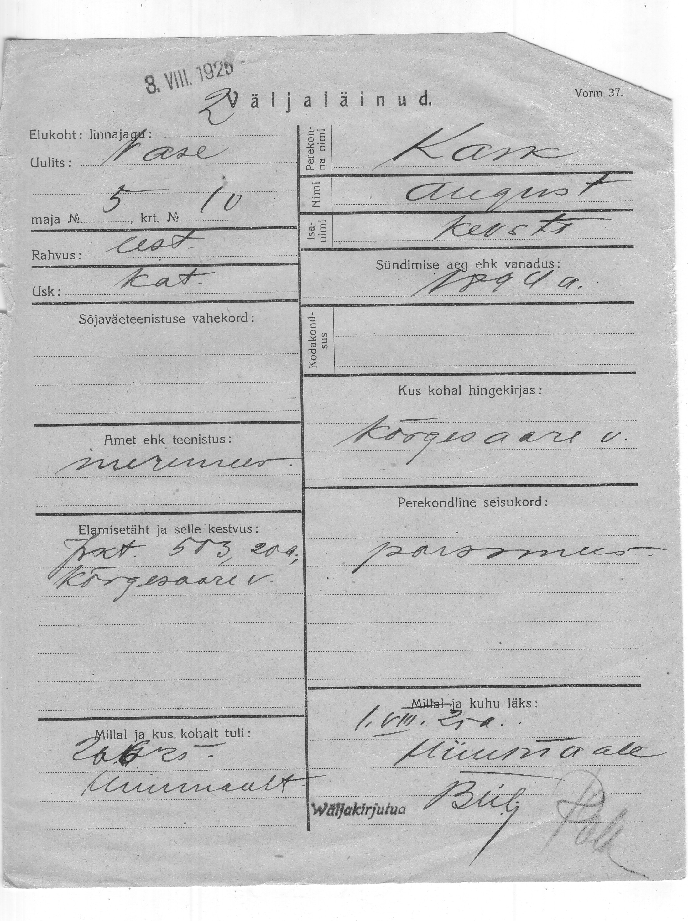 Kask, August, Kersti