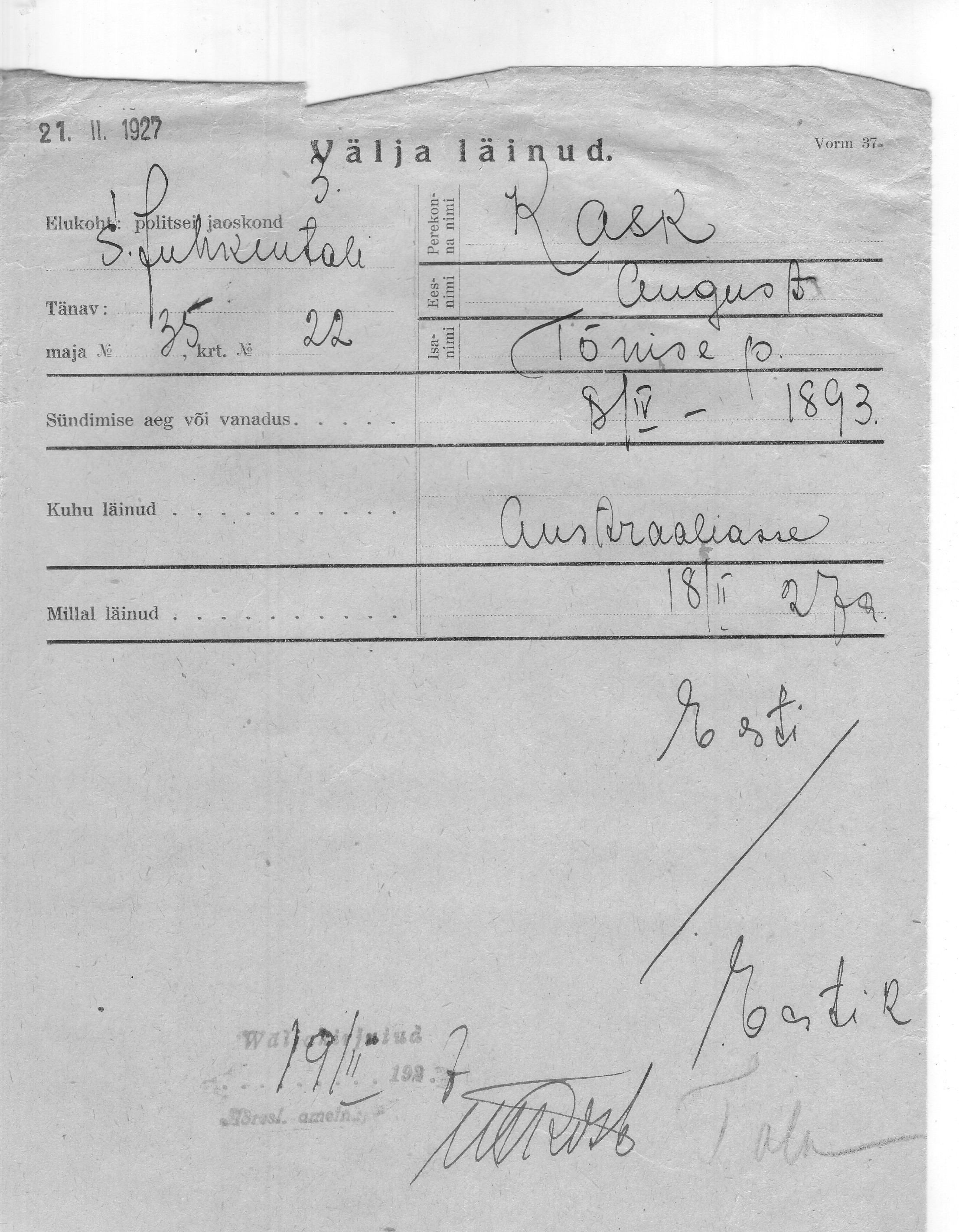 Kask, August, Tõnis