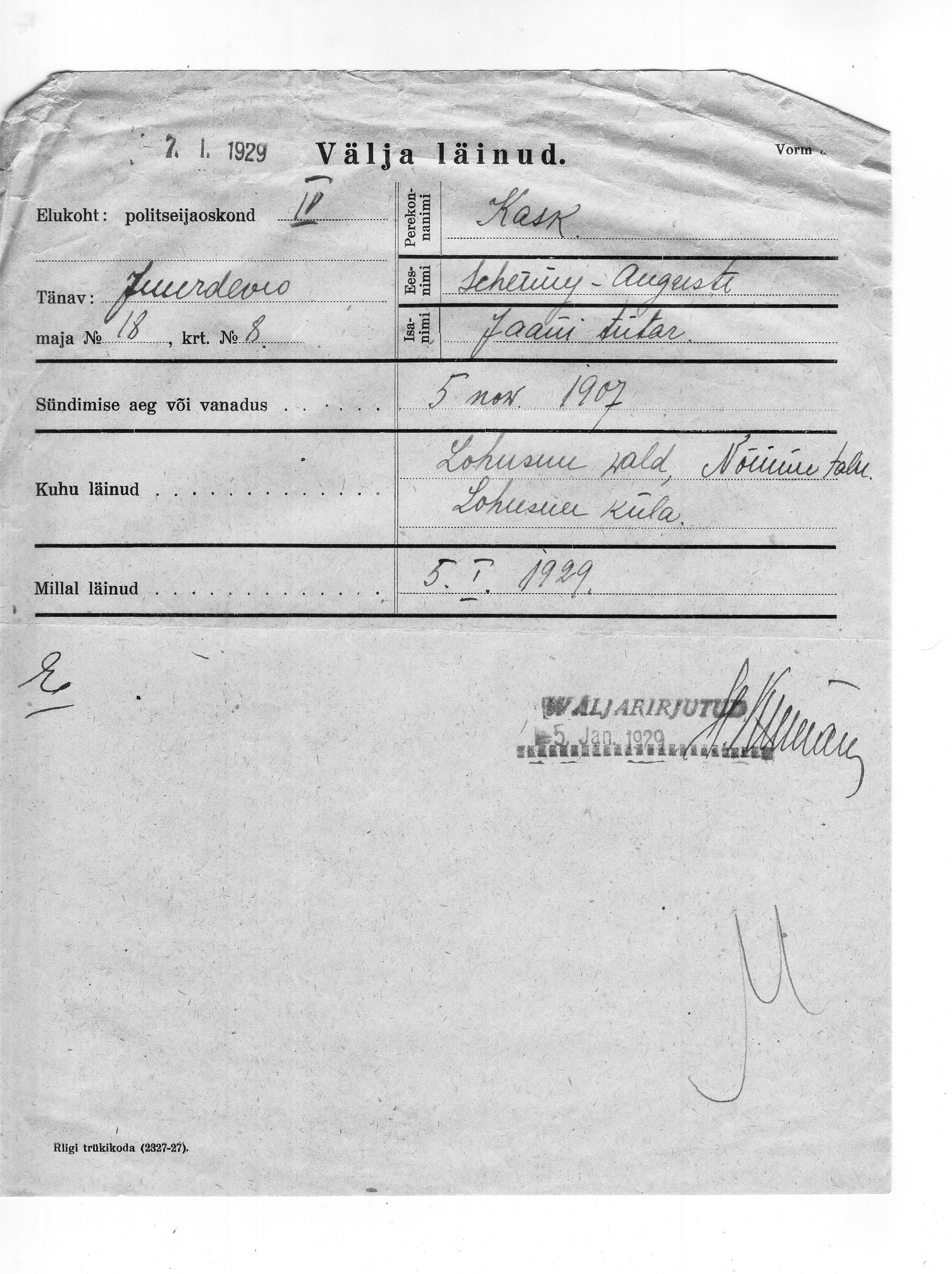 Kask, Auguste, Schenny