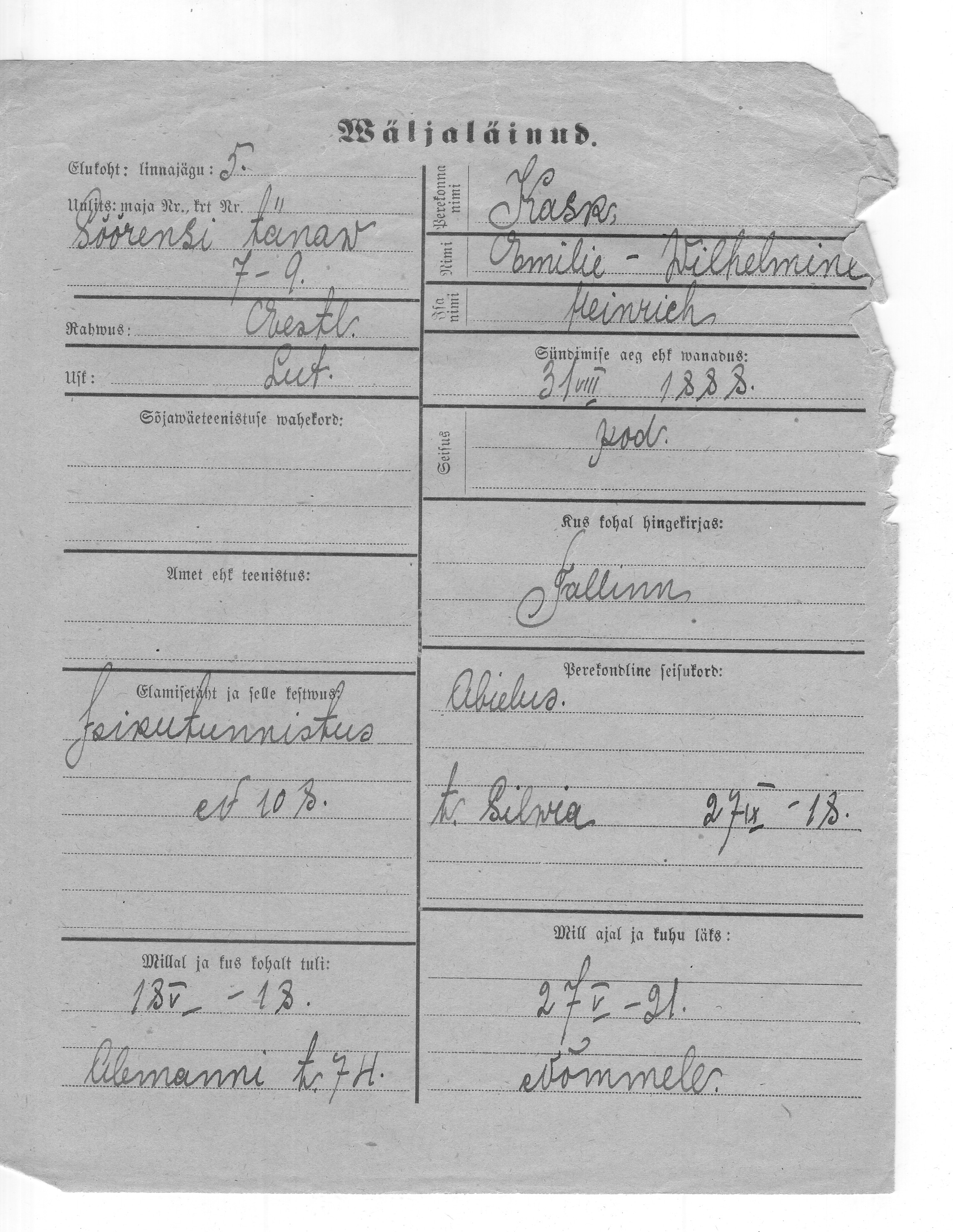 Kask, Emilie, Vilhelmine