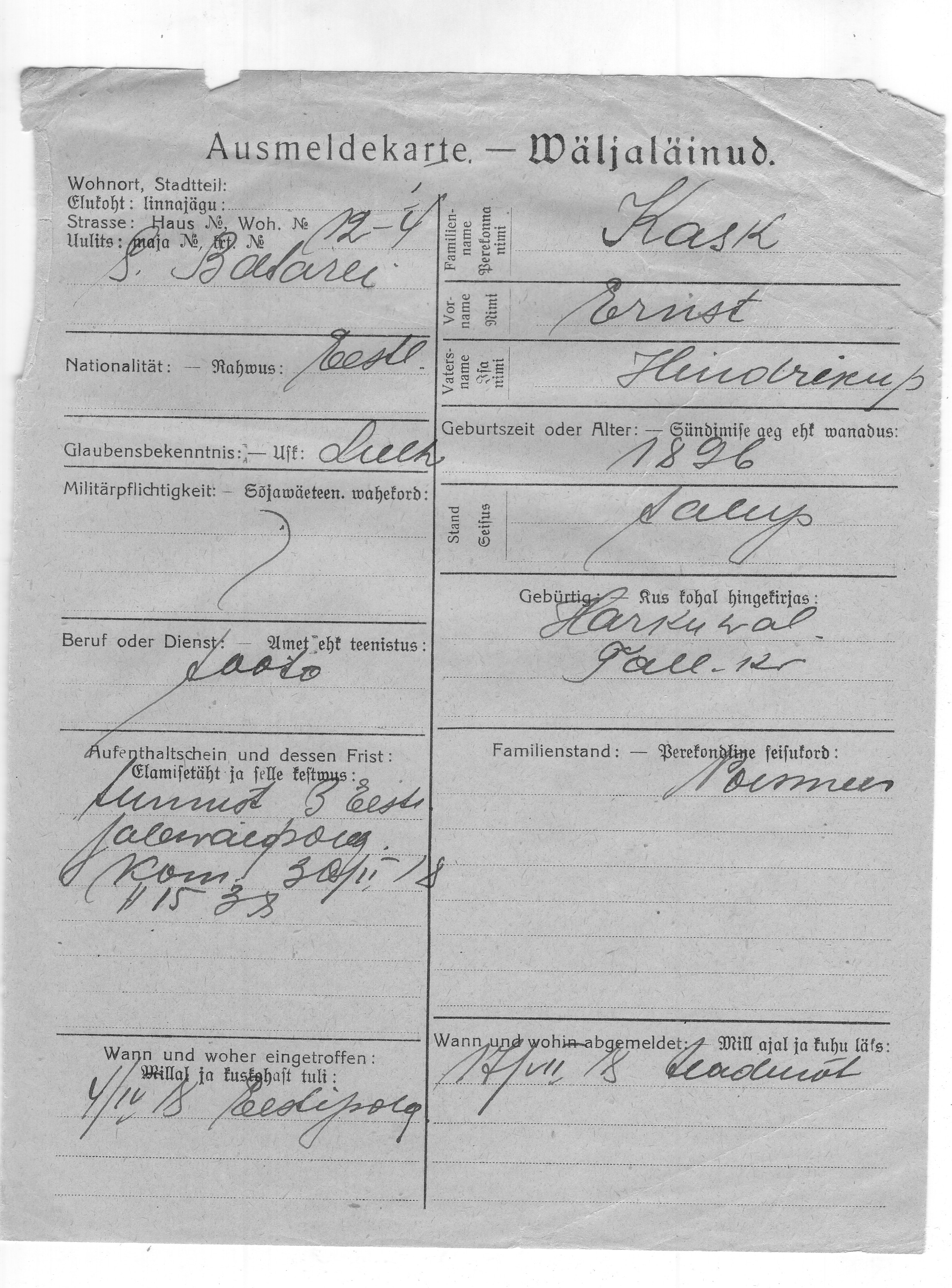 Kask, Ernst, Hindrik