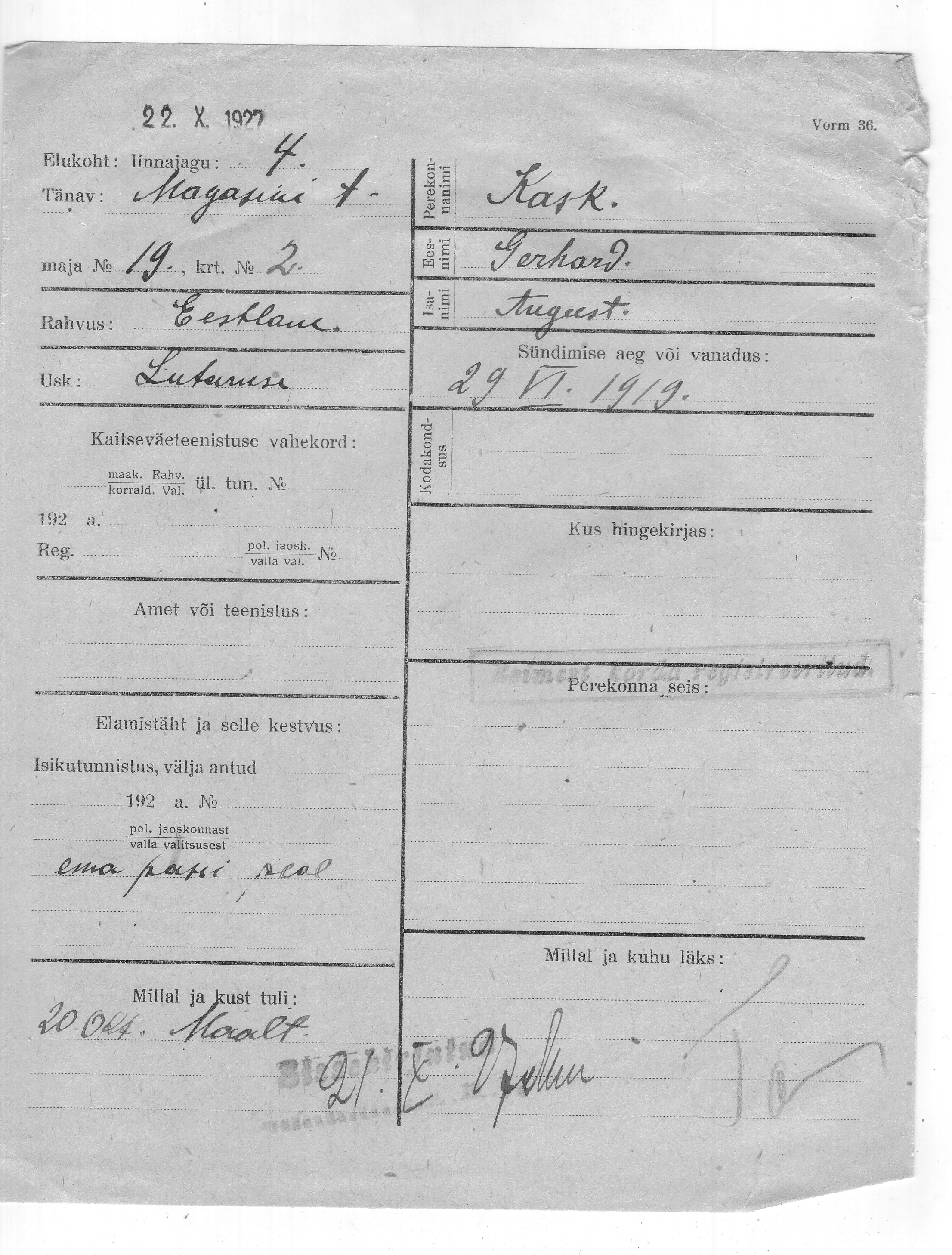 Kask, Gerhard, August