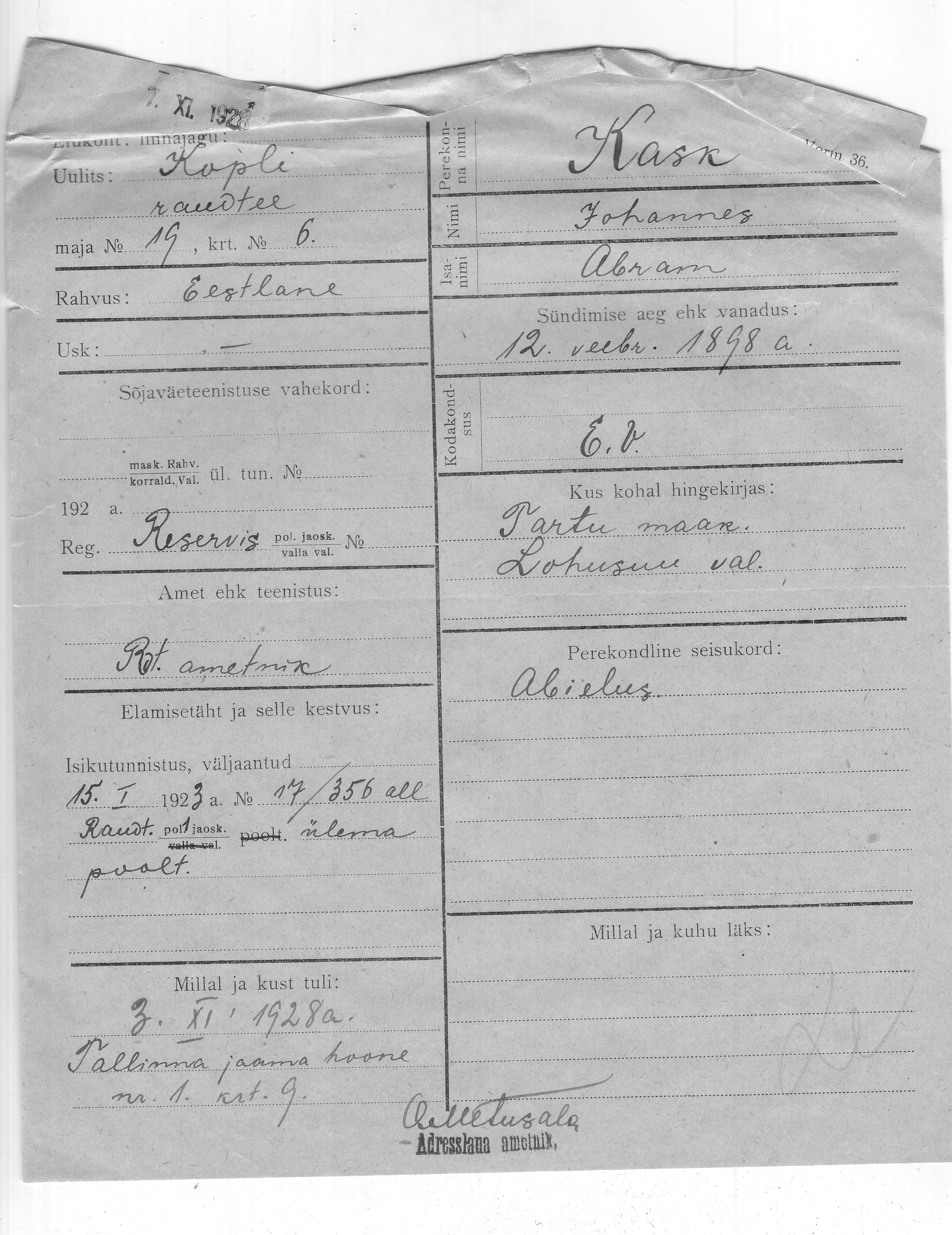 Kask, Johannes, Abram