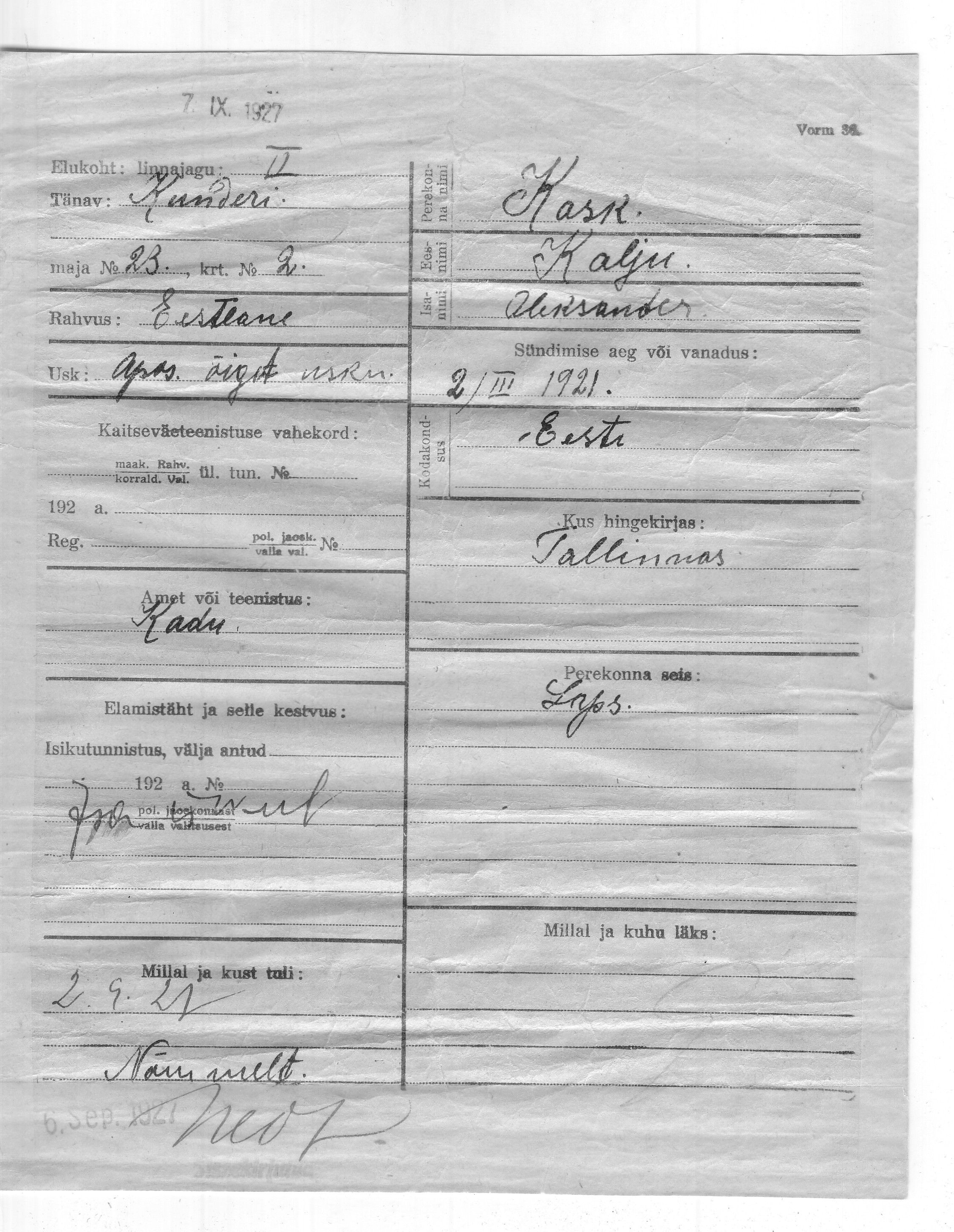 Kask, Kalju, Aleksander