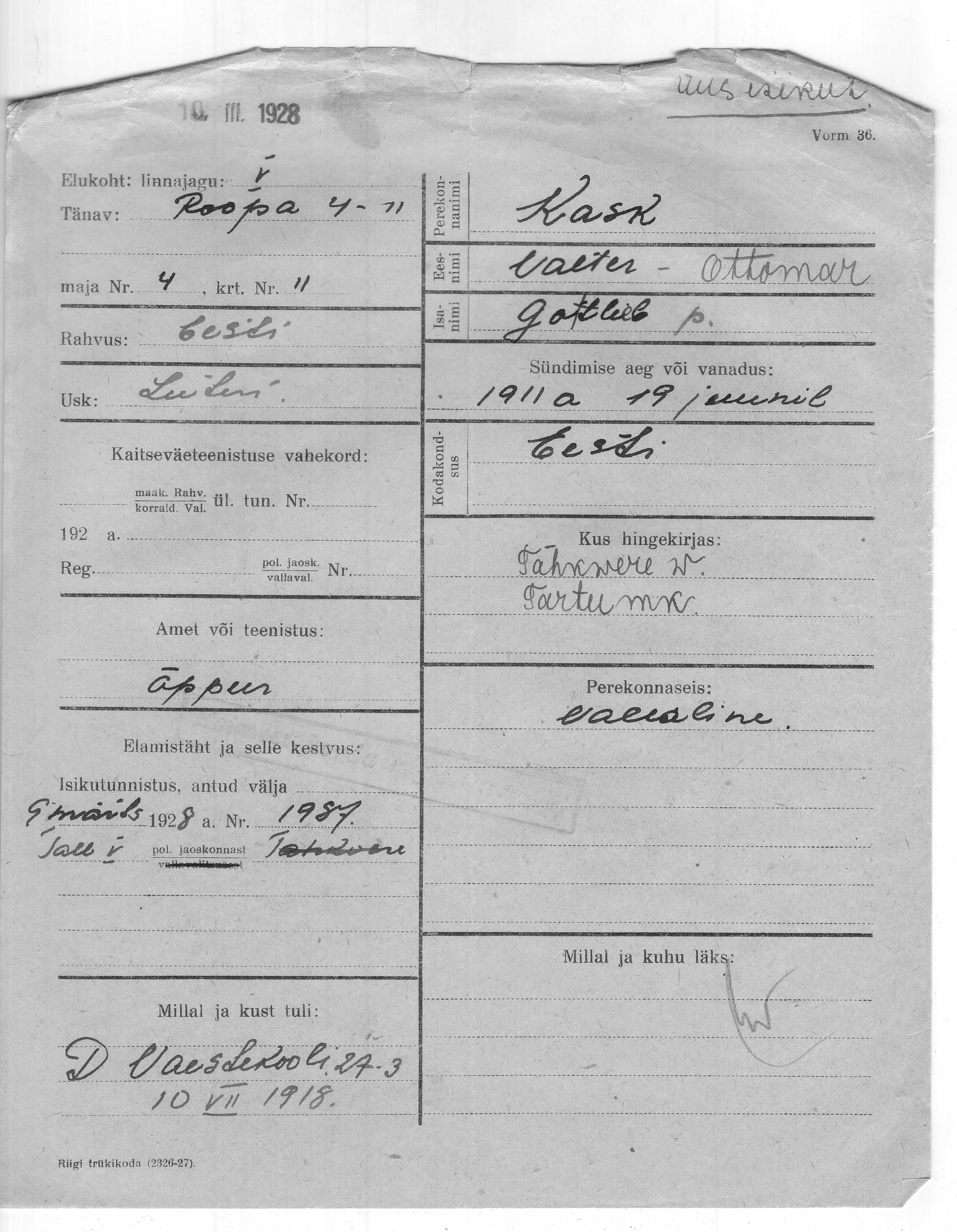 Kask, Ottomar, Valter