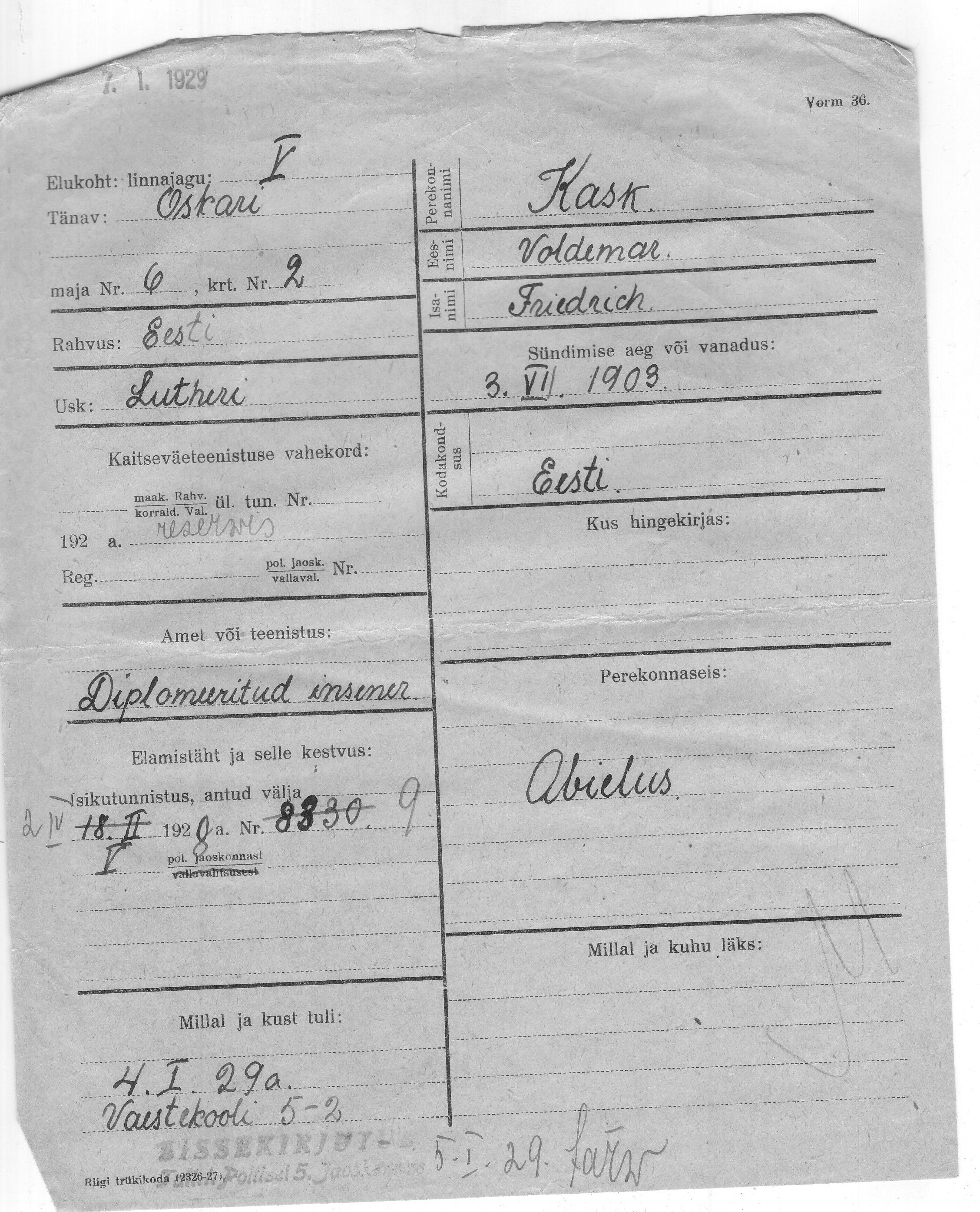 Kask, Voldemar, Friedrich