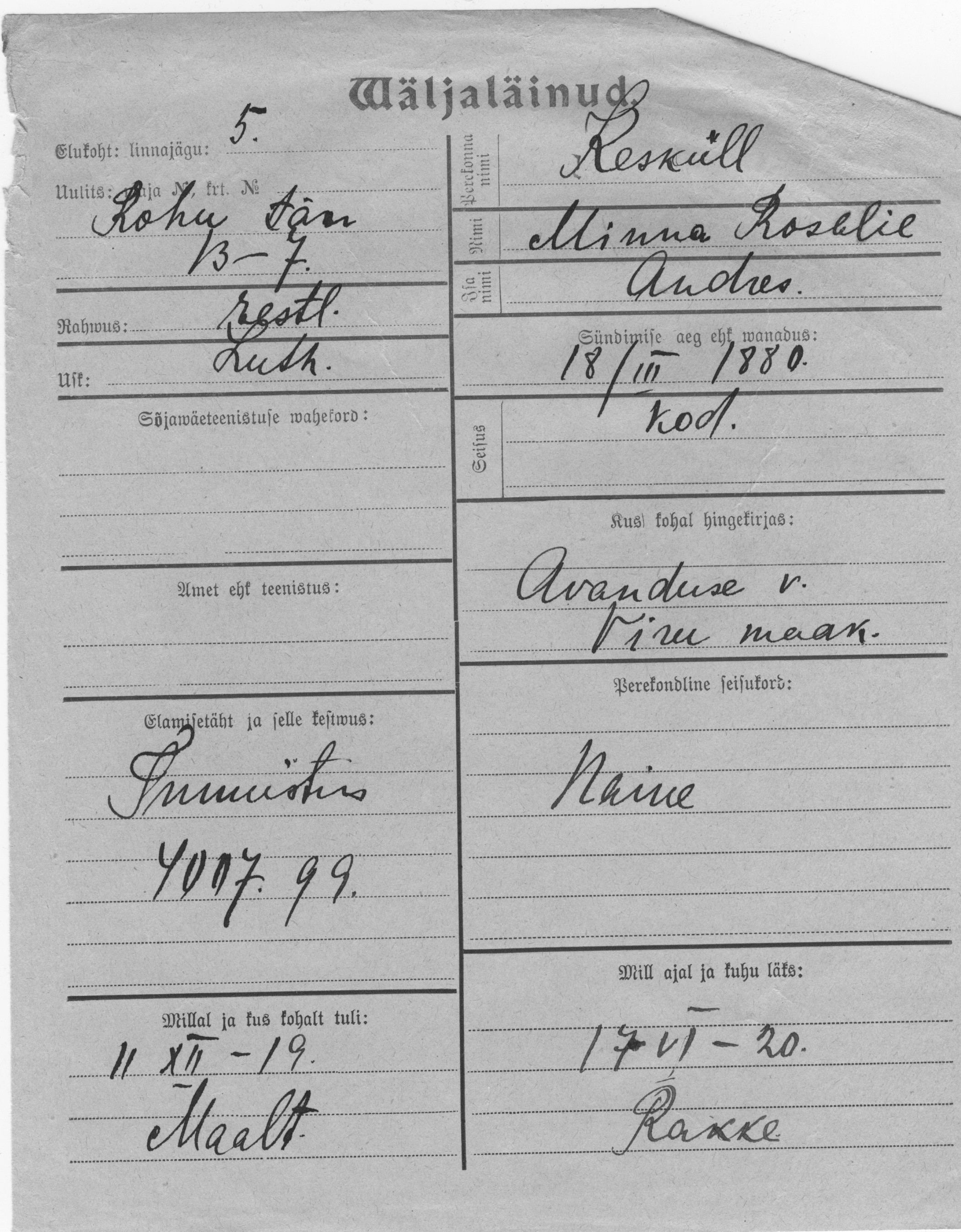 Kesküll, Rosalie, Minna