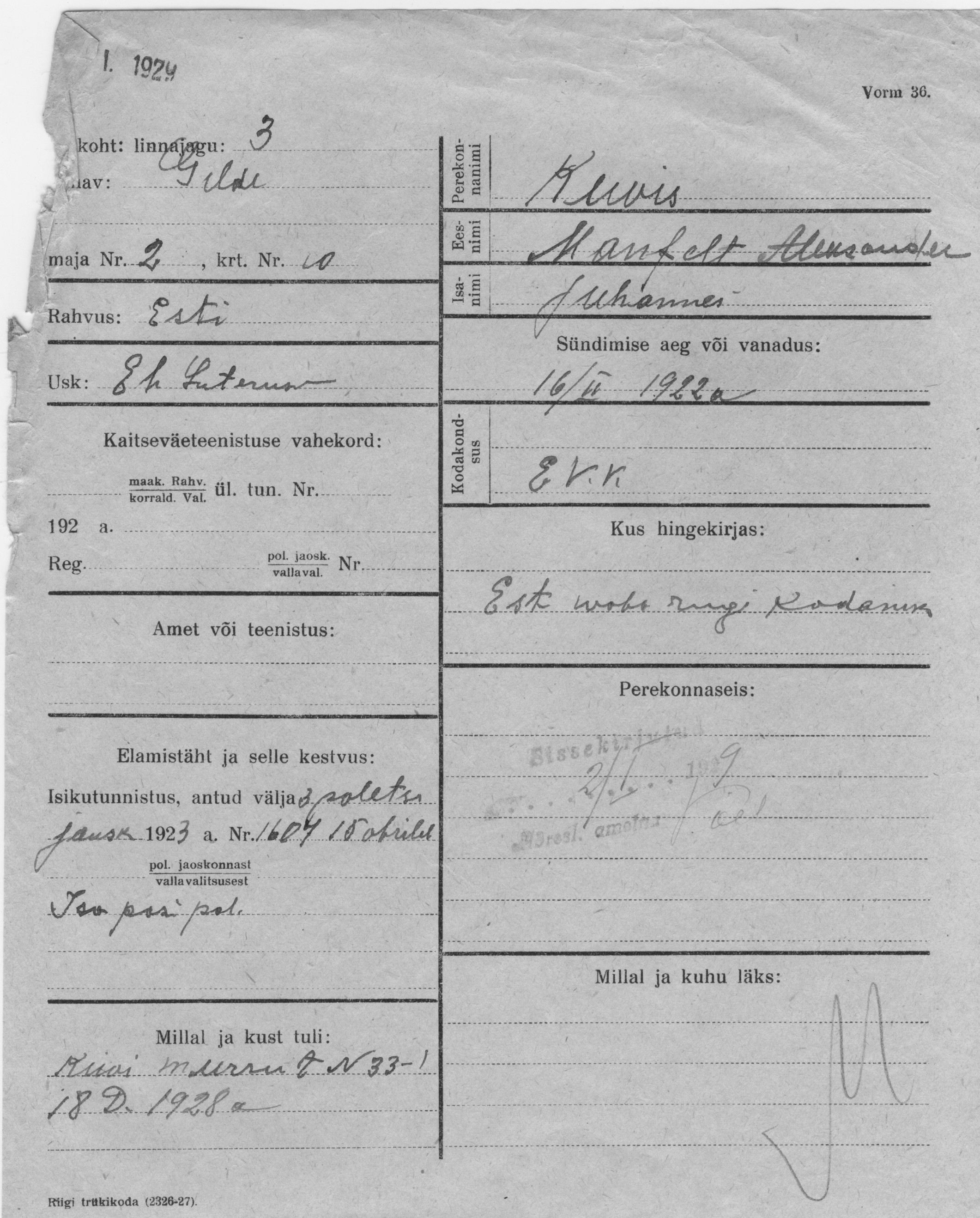 Kevis, Aleksander, Manfelt