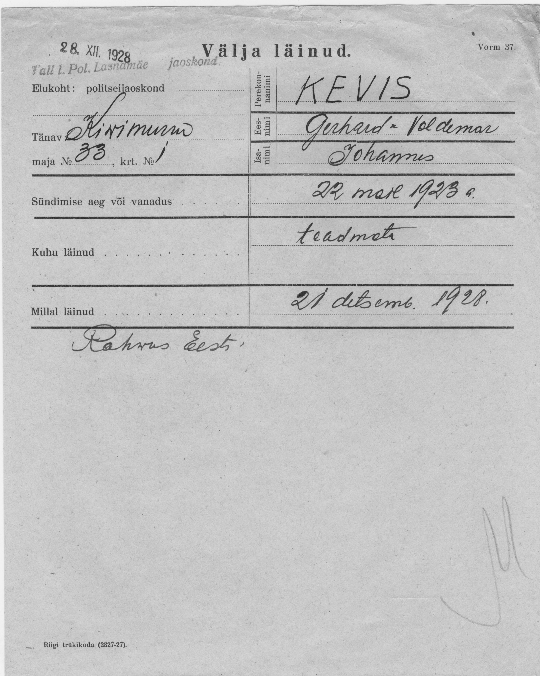 Kevis, Voldemar, Gerhard