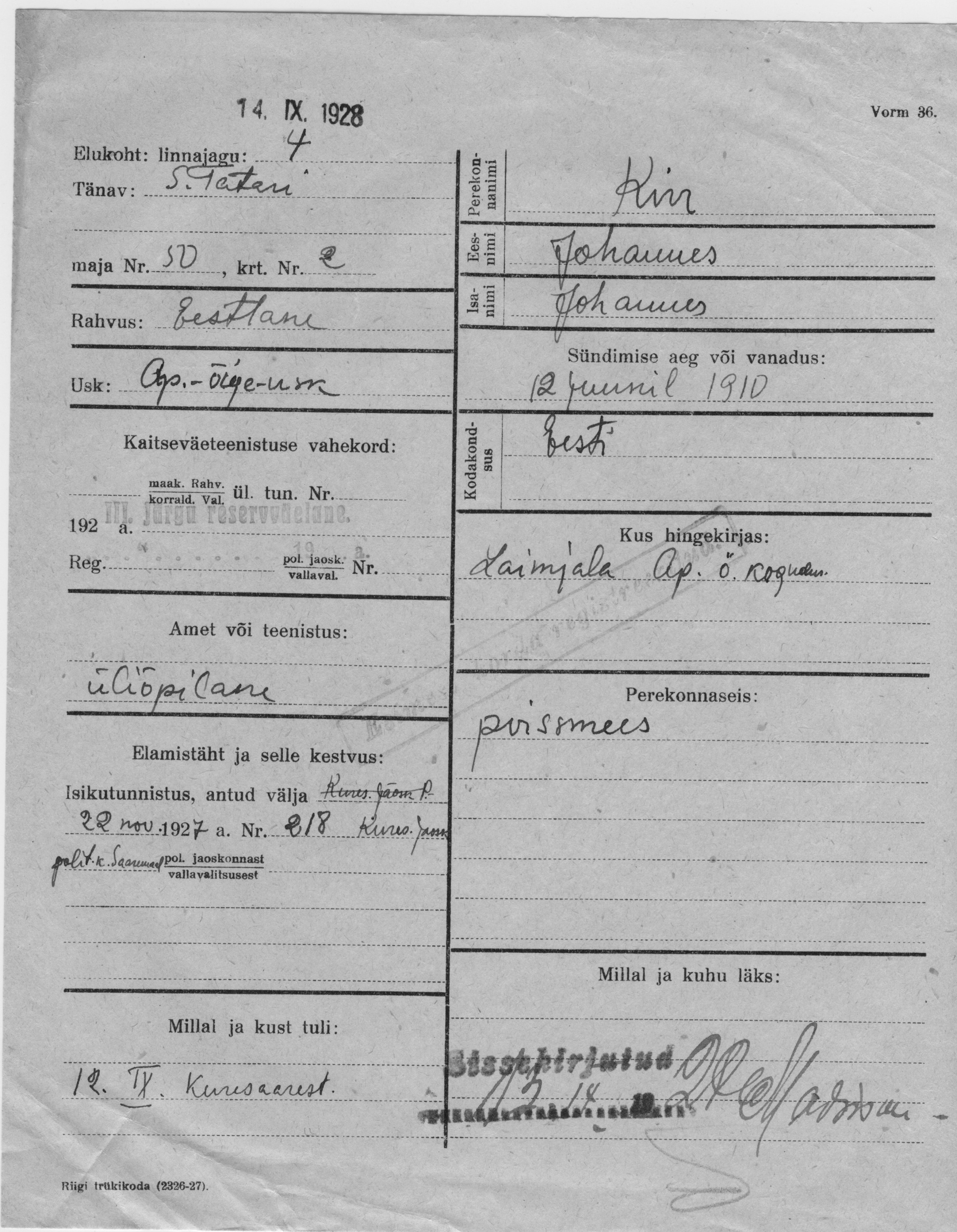 Kivi, Johannes, Johannes