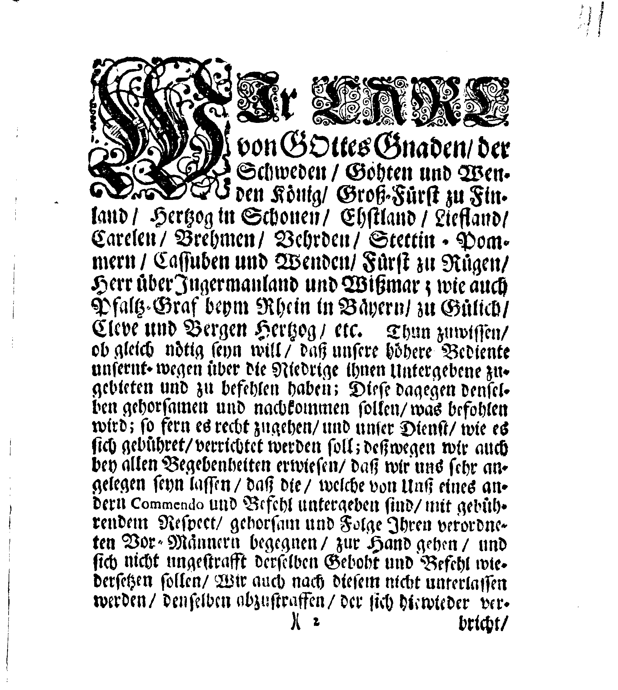 Ihrer Königl. Maytt. gnädigste STADGA und Verordnung Angehend den Gehorsam, welchen die niedrige Betiente Ihren Vor-Männern in denen Sachen, so zu Ihrer Königl. Maytt. Dienst oder Undienst gereichen, schuldig sind