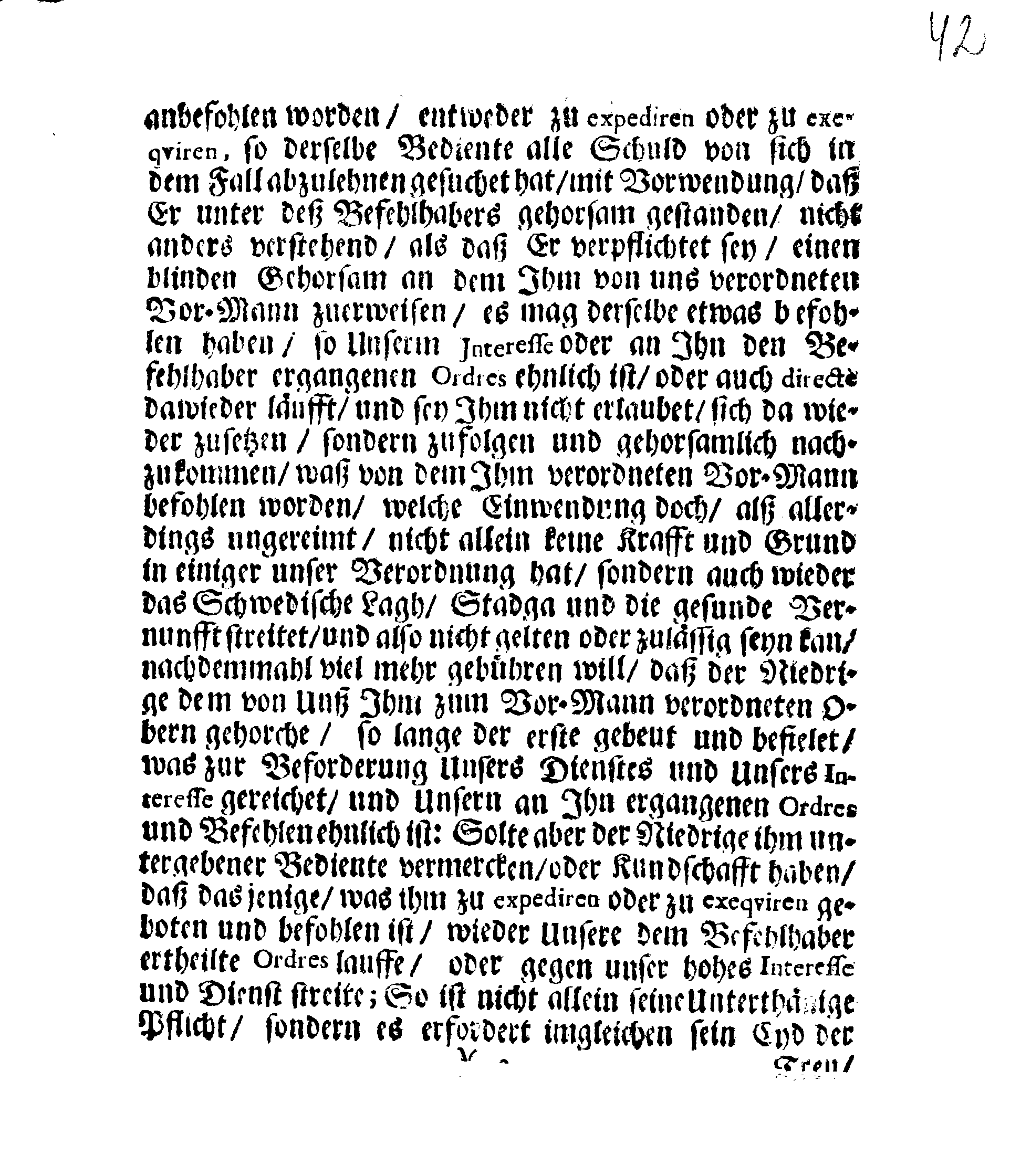 Ihrer Königl. Maytt. gnädigste STADGA und Verordnung Angehend den Gehorsam, welchen die niedrige Betiente Ihren Vor-Männern in denen Sachen, so zu Ihrer Königl. Maytt. Dienst oder Undienst gereichen, schuldig sind