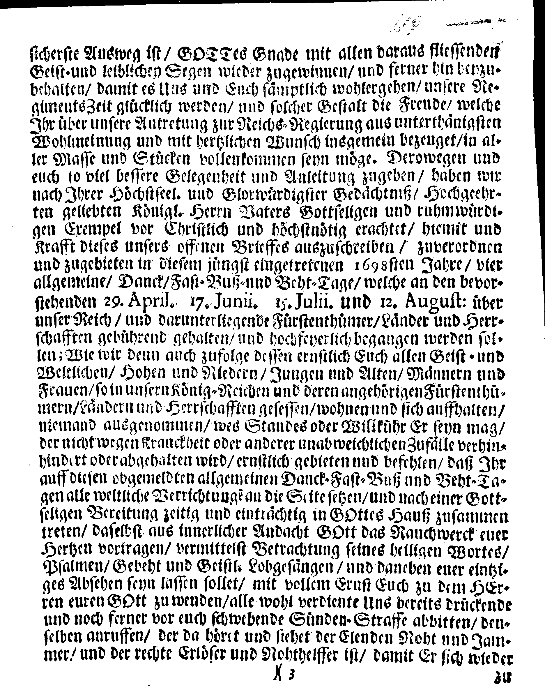 Ihrer Königl. Maytt: PLACAT Wegen Vier allgemeiner, Solennen, Danck-Fast-Buß- und Beht-Tage, die über das gantze Reich Schweden, dem Groß-Fürstenthumb Finland und alle der Krohn Schweden gehörige und unterliegende Fürstenthümer, Länder und Herrschafften feyerlich gehalten und begangen werden sollen, in gegenwärtigen 1698. Jahre