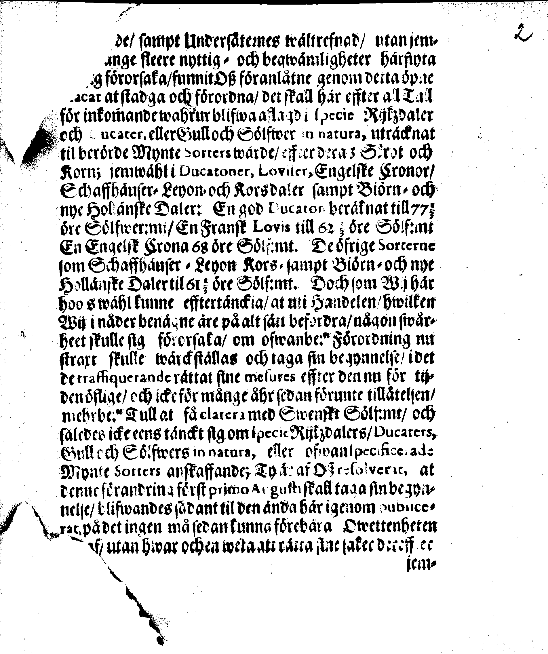 Kongl. May.tz Förordning, Angående Store Siötullens clarerande, och uti hwad Mynte Sort sådant bör skee, jemte mehra Myntewäsendet beträffande