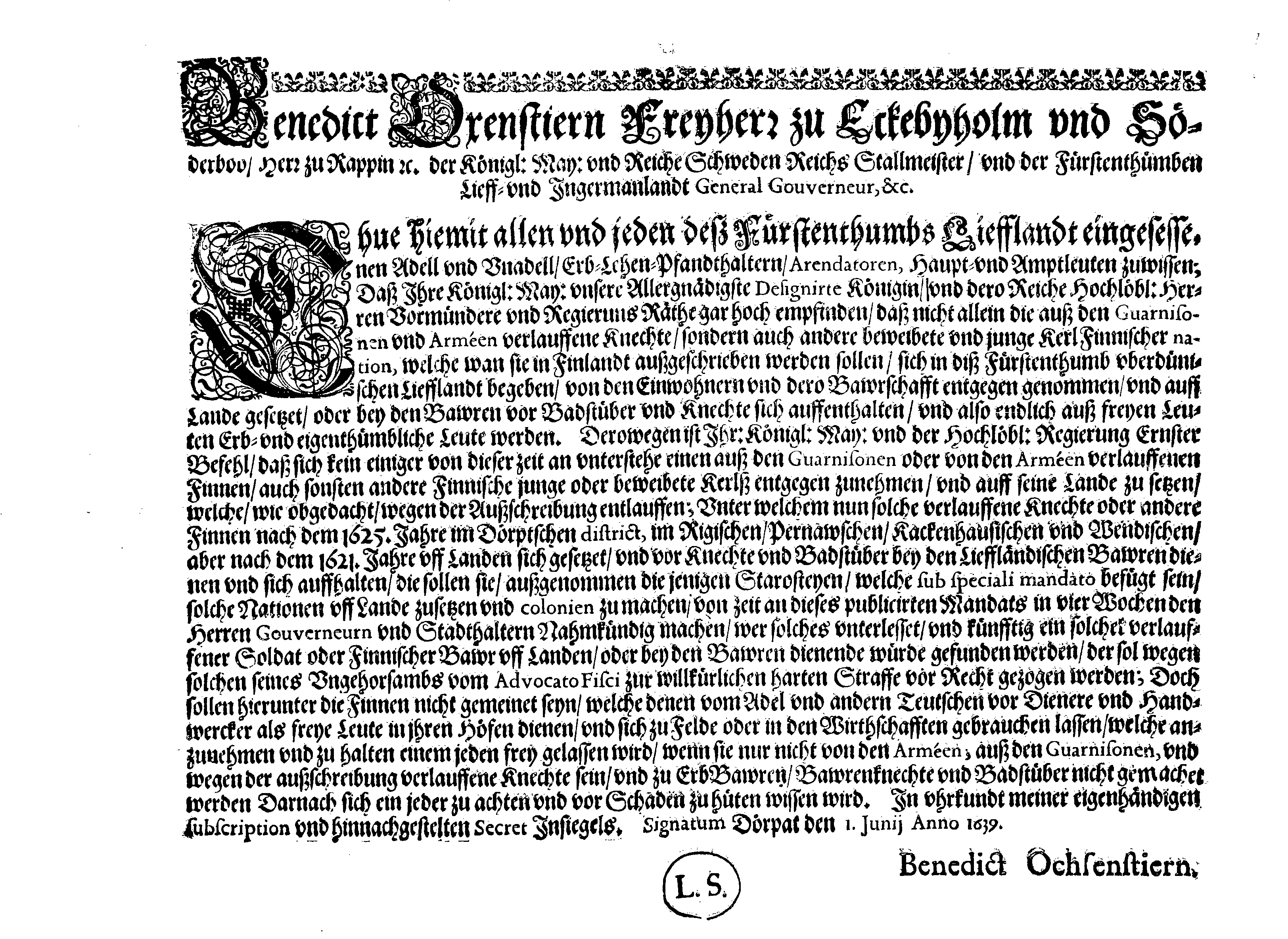 [Bengt Oxenstierna korraldus]