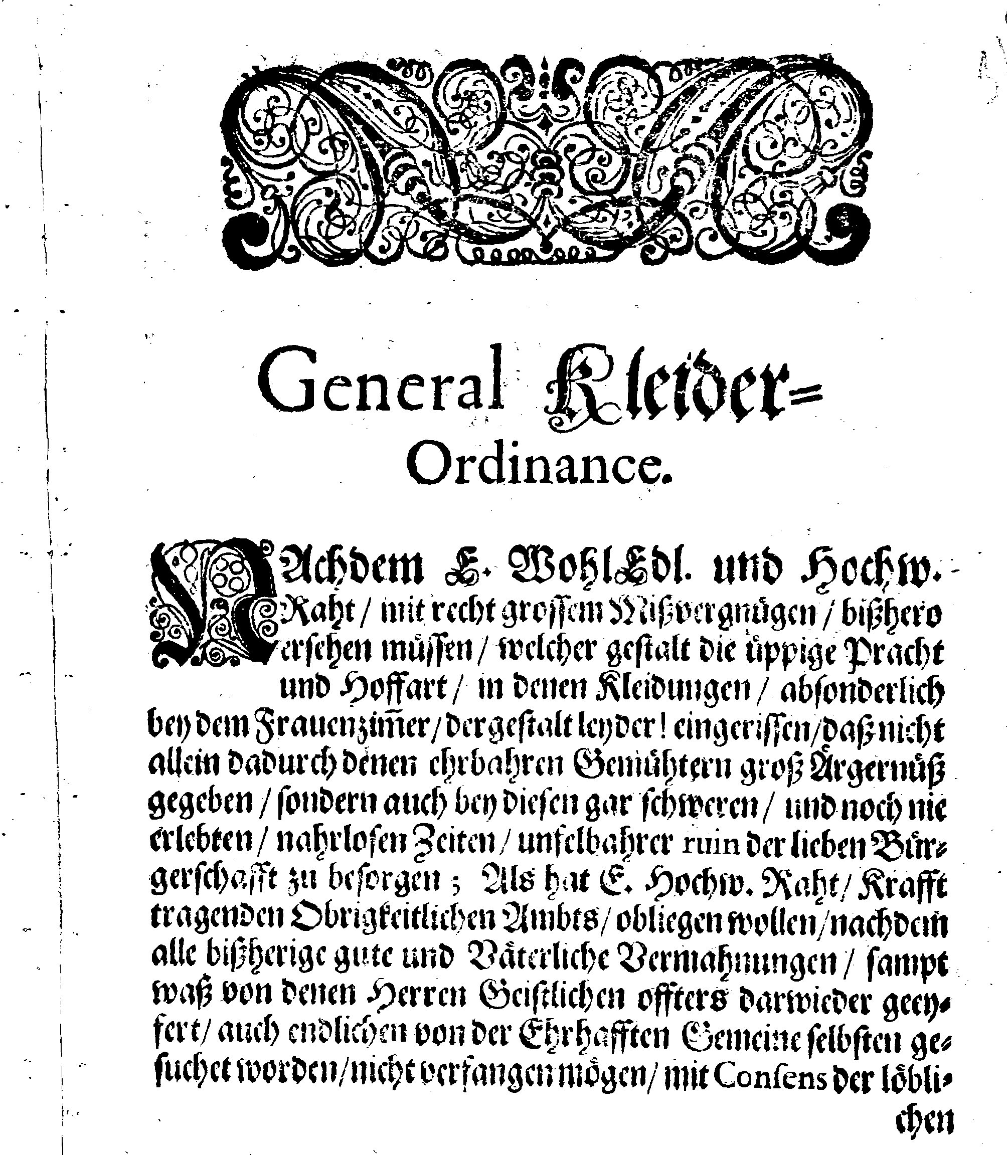 Eines WohlEdlen und Hochweisen Rahts der Königl. Stadt REVAL, Generale Kleider-Ordnung, Wie Dieselbe Anno 1691, mit allgemeiner Bürgerschafft Beliebung abgefasset und publiciret worden