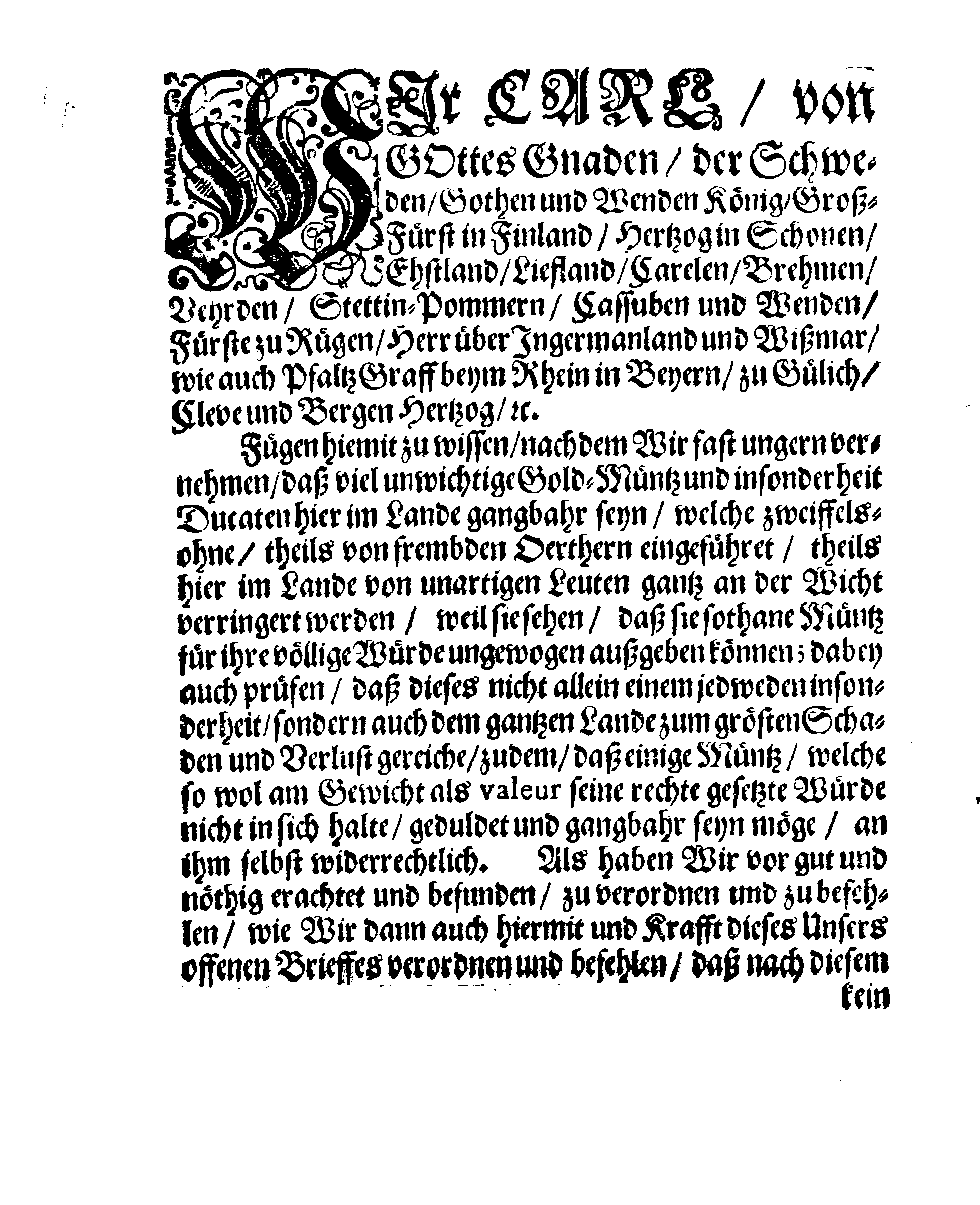 Ihrer Königl: Majest: PLACAT, Das kein unwichtiges Gold und Ducaten gangbahr seyn sollen