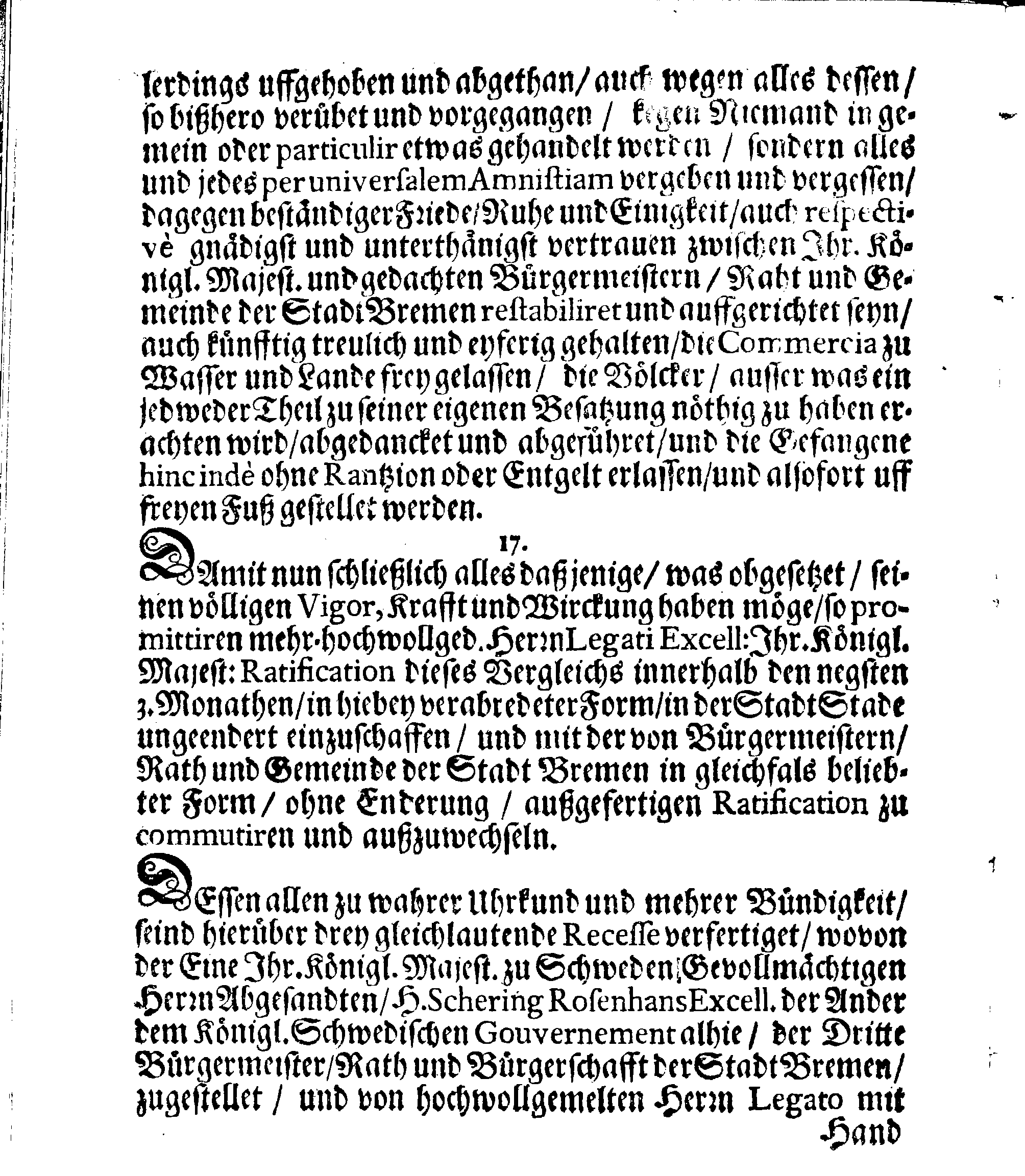 Verträge und RECESSUS Welche mit der Sadt Bremen auffgerichtet, In Anno 1639, 1654 und 1666