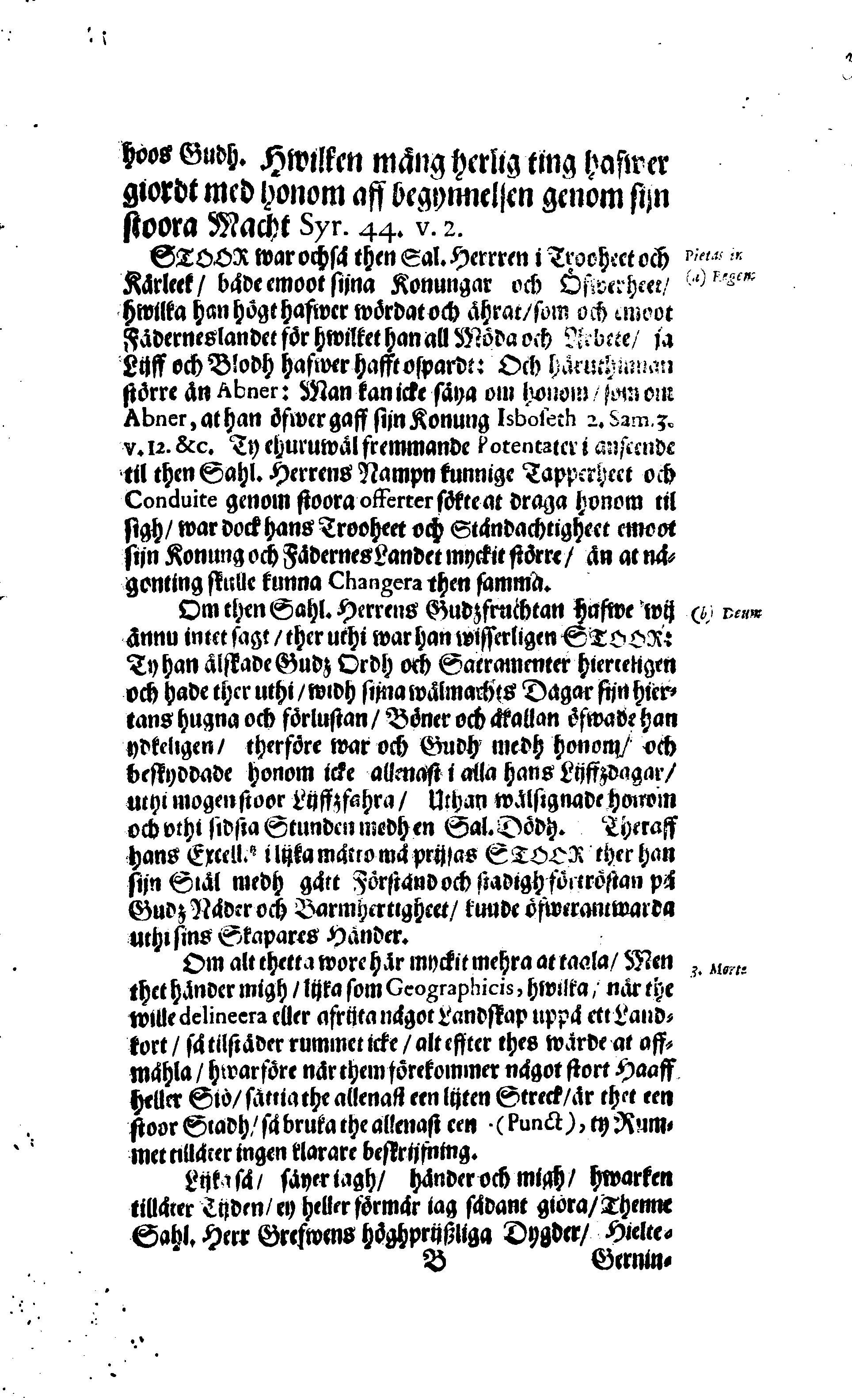 Der Sehl. Seelen hertzliche Dancksagung; das GOtt in so vielen Gefährlichkeitten selbe so gnädig bewahret und den entseelten Cörper auß abgelegenen Orten zu seiner Ruhekammer hat kommen lassen wollen. Welche auß Des Weilandt Erleuchteten und Hochgebohrnen Graffen und Herren, H. Carol Gustaff Wrangels, … Hochansehnliche LeichBegänckniß, den 1. Decembr. Anno 1680. gehalten, in einer Traur-Music, auss unterthäniger Schuldigkeit, gesungen und abgefaßet von einen alten Domestiquen Diener