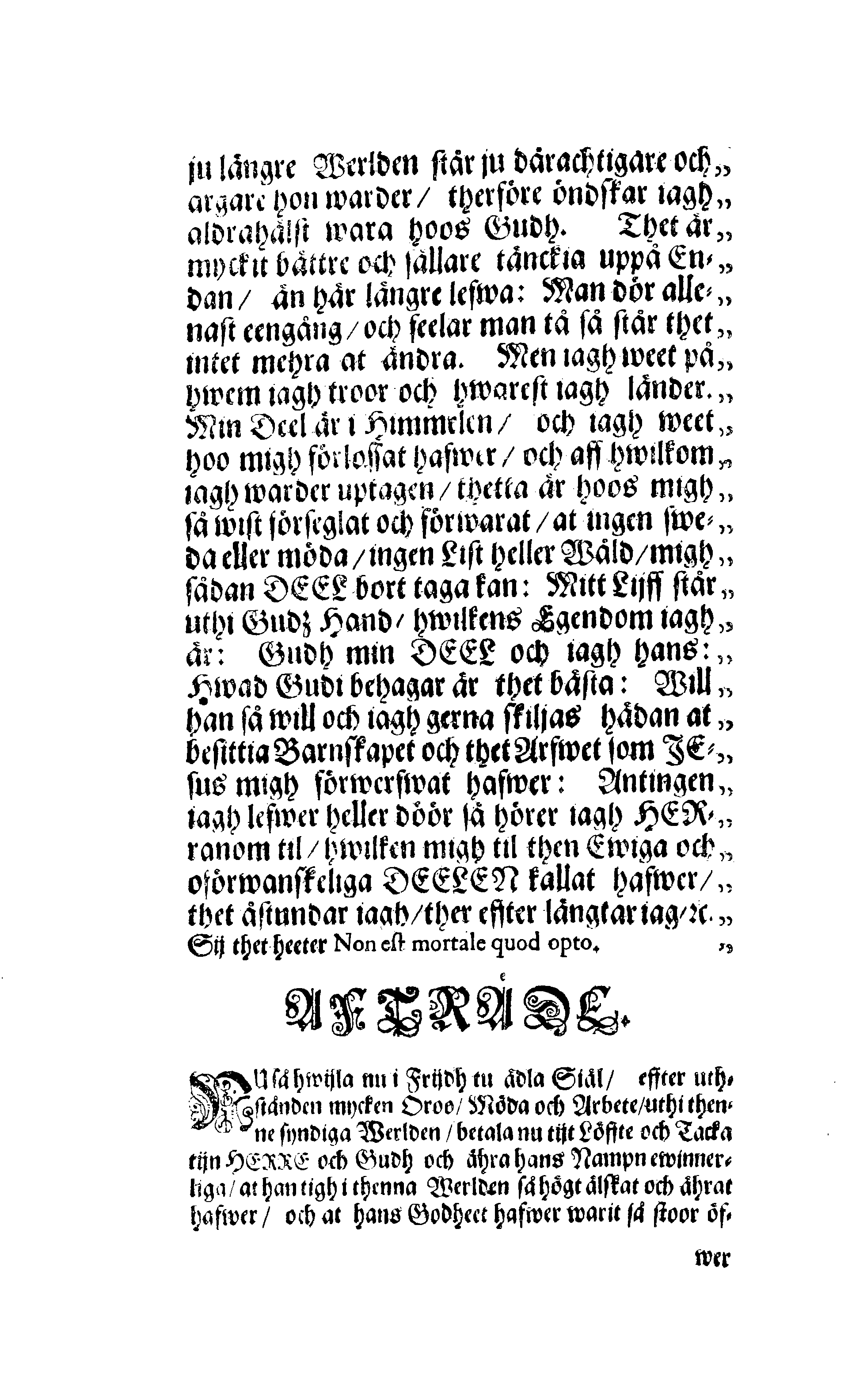 Der Sehl. Seelen hertzliche Dancksagung; das GOtt in so vielen Gefährlichkeitten selbe so gnädig bewahret und den entseelten Cörper auß abgelegenen Orten zu seiner Ruhekammer hat kommen lassen wollen. Welche auß Des Weilandt Erleuchteten und Hochgebohrnen Graffen und Herren, H. Carol Gustaff Wrangels, … Hochansehnliche LeichBegänckniß, den 1. Decembr. Anno 1680. gehalten, in einer Traur-Music, auss unterthäniger Schuldigkeit, gesungen und abgefaßet von einen alten Domestiquen Diener