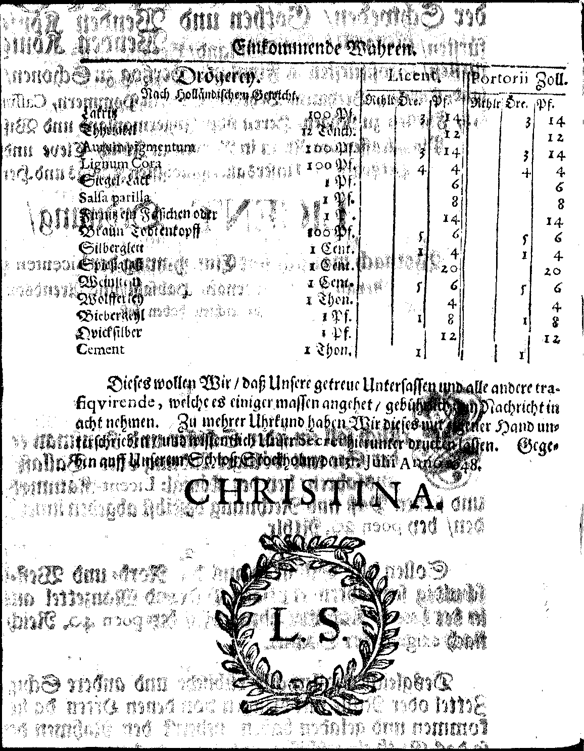 Ih: Königl: Majest: zu Schweden, [etc.] Zoll-Ordnung, Auff die durch Reval, Narva und Nyen auß- und nacher Reusland gehende Wahren, Anno 1648. zu Stockholm in Schwedischer Sprache publiciret, nunmehro aber Allen, dieser Orthen traffiqvirenden Teutschen Kauff- und Handels-Leuten zum Nachricht, verteutschet und gedrucket