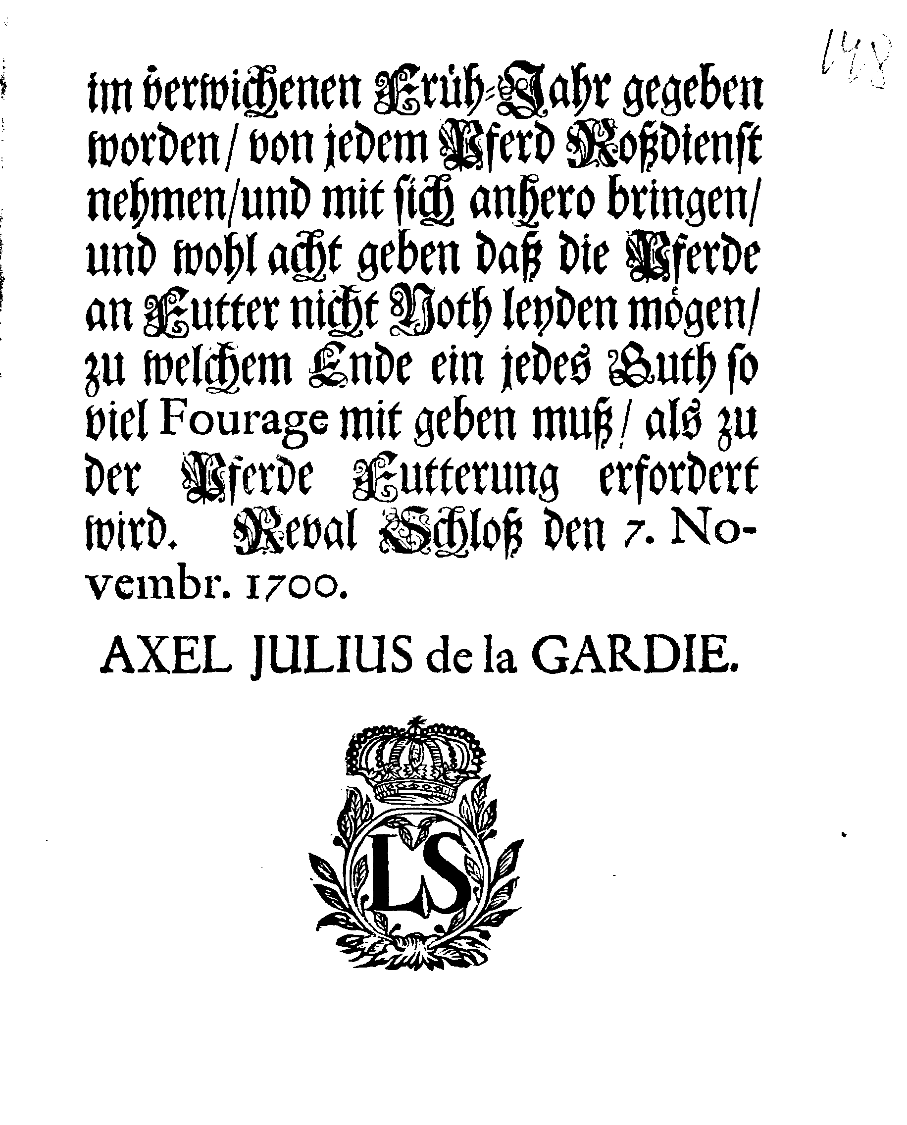 [Axel Julius De la Gardie korraldus]
