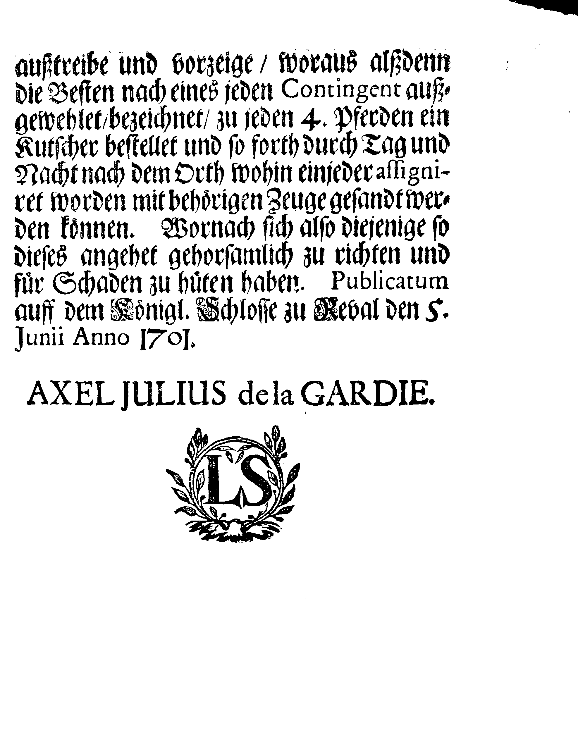 [Axel Julius De la Gardie korraldus]