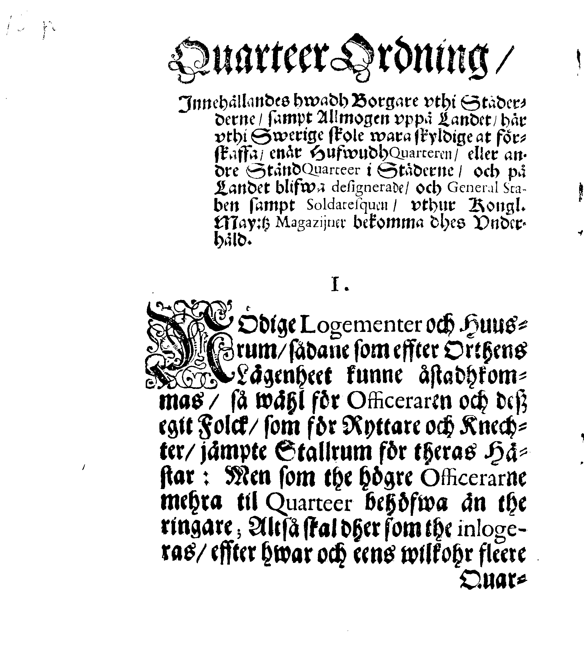 Kongl. May:tz Quarteer Ordning