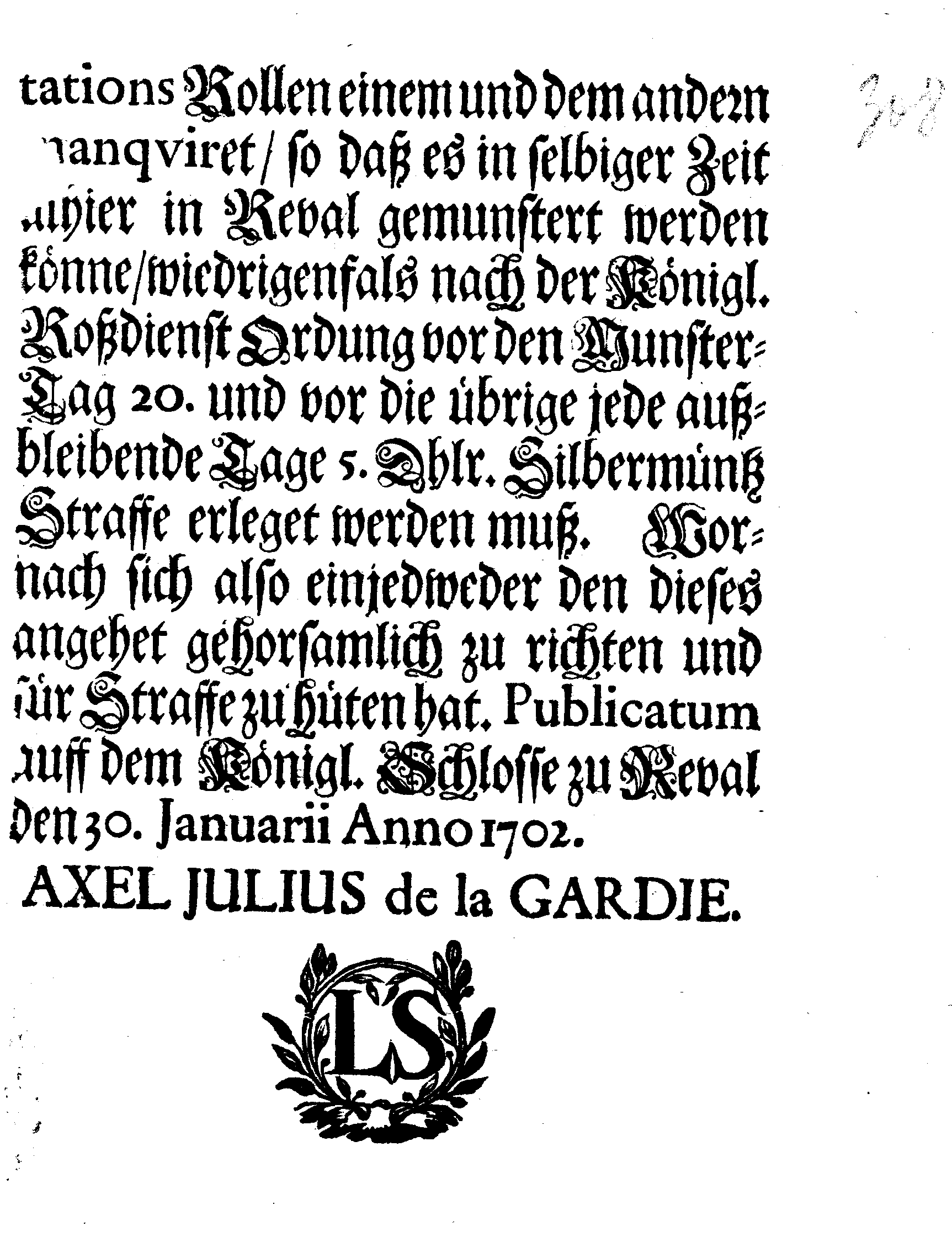[Axel Julius De la Gardie korraldus]