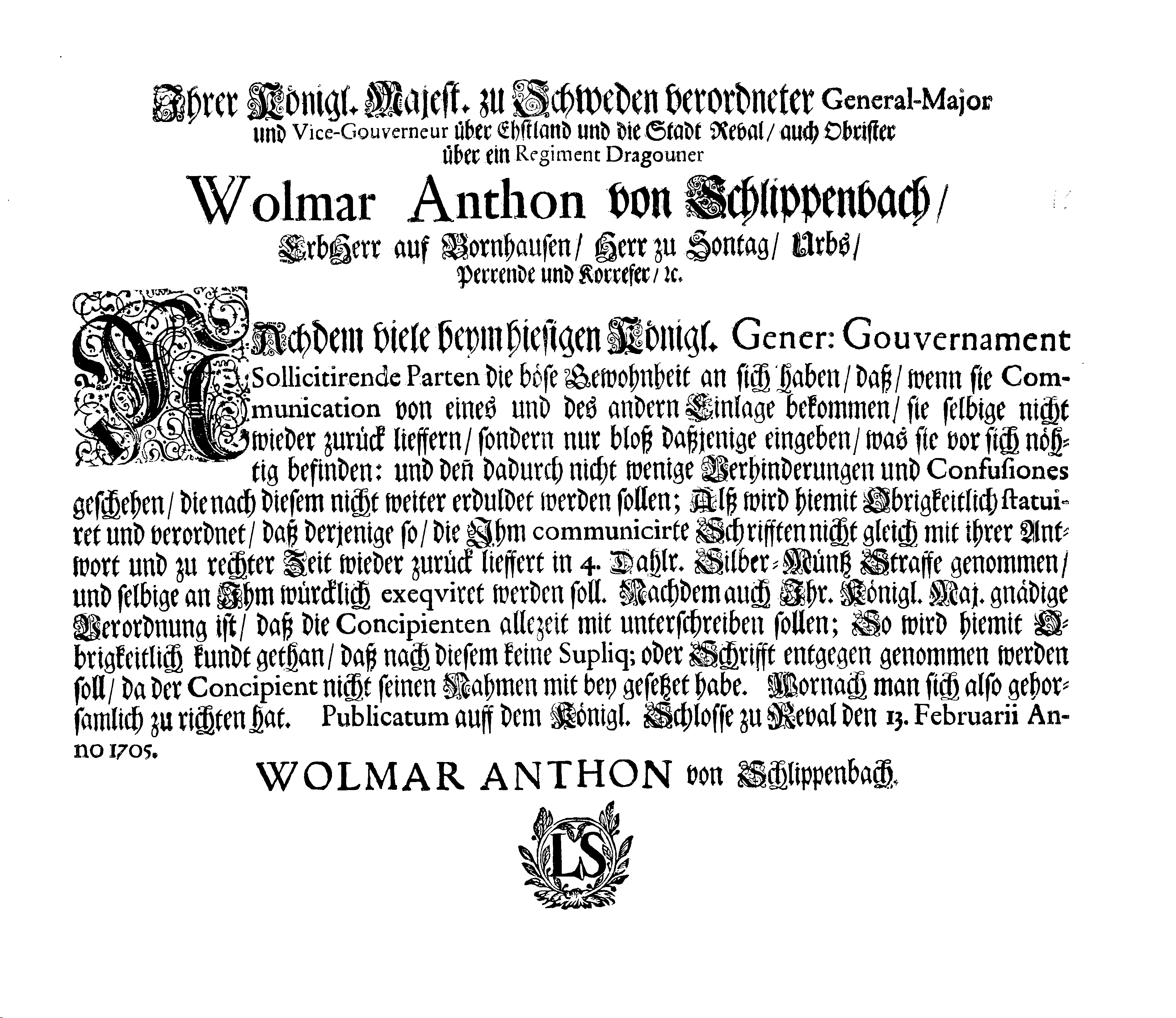 [Wolmar Anton von Schlippenbachi korraldus]